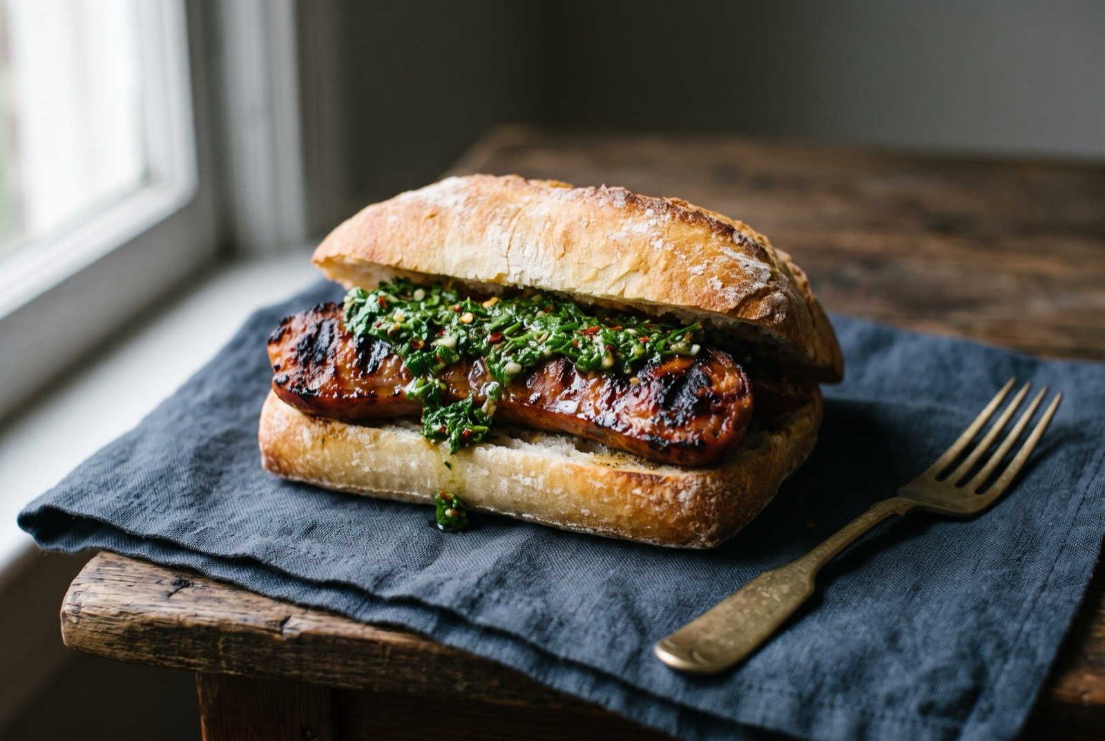 Choripán, a split grilled chorizo sandwich with chimichurri: a crusty split roll cradling a butterflied, deeply grilled chorizo sausage with a blistered, caramelised skin, a generous spoonful of bright green flecked chimichurri pooling over the top and dripping down the side.