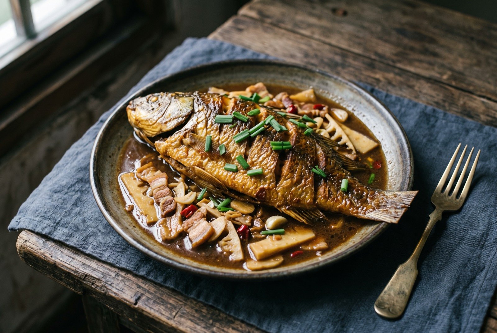 Chou guiyu, stinky mandarin fish, fermented then pan-fried and braised: a whole scored fish, its skin deep golden brown from pan-frying, resting in a shallow reduced dark sauce studded with sliced pork and pale bamboo shoot.