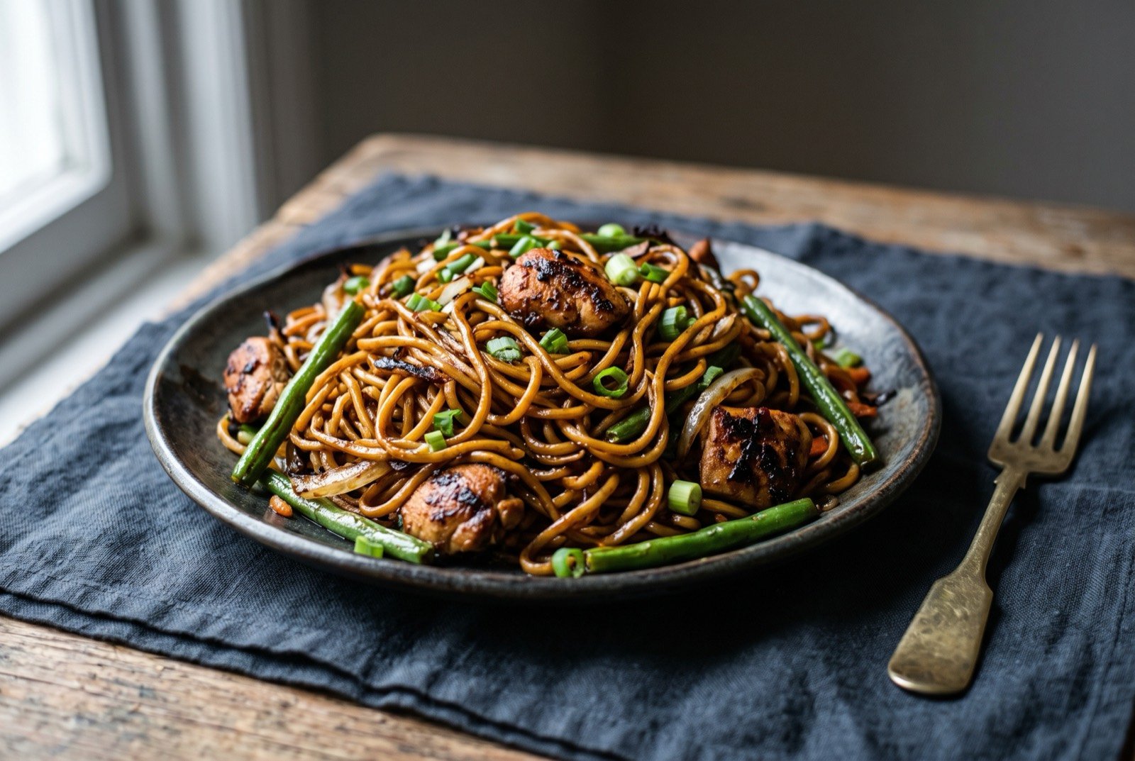 Guyanese chowmein, stir fried noodles with meat and vegetables: a tangle of glossy dark brown noodles flecked with green scallion and yard long beans, pieces of stir fried chicken visible throughout.
