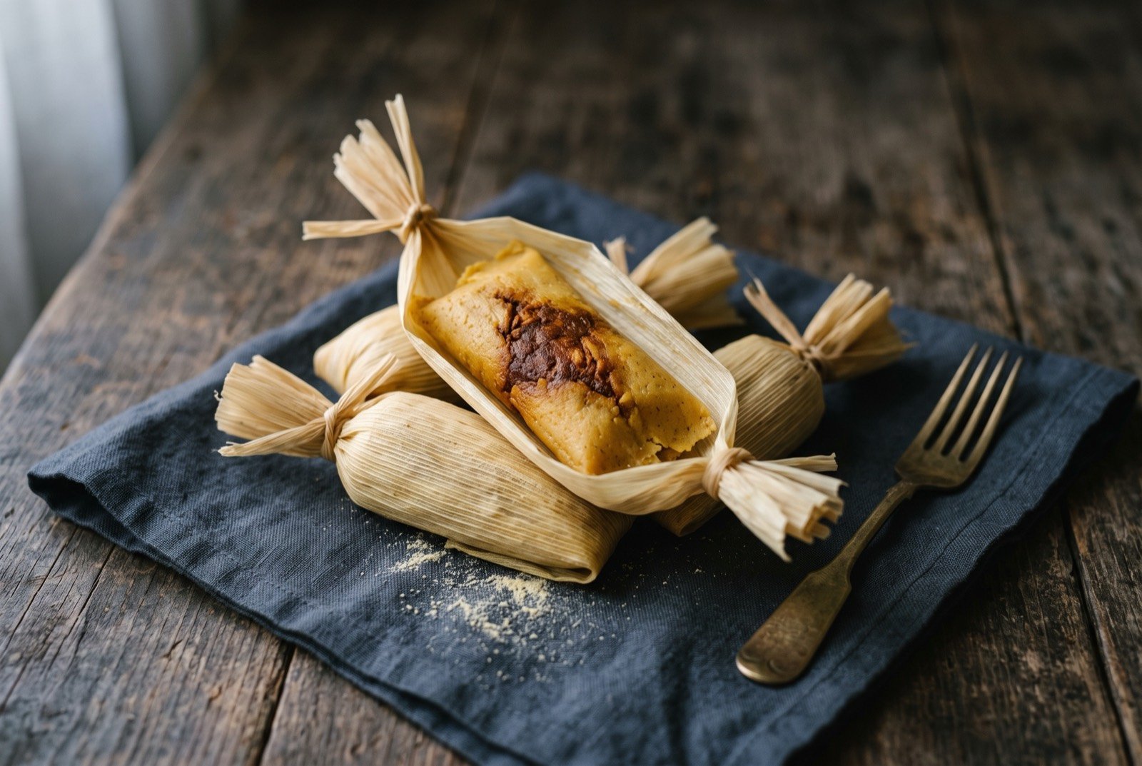 Chuchitos, small firm masa tamales wrapped in corn husk: a small bundle of pale dried corn husk parcels tied at both ends, one husk peeled back to reveal a dense, firm golden masa with a dark reddish filling just visible at its centre.