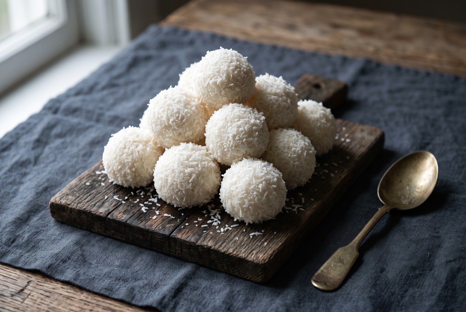 Chukuchuk, rice balls rolled in shredded coconut: several golf ball sized white rice balls rolled in fine shredded white coconut, stacked loosely on a dark wooden board, nothing else in the frame.