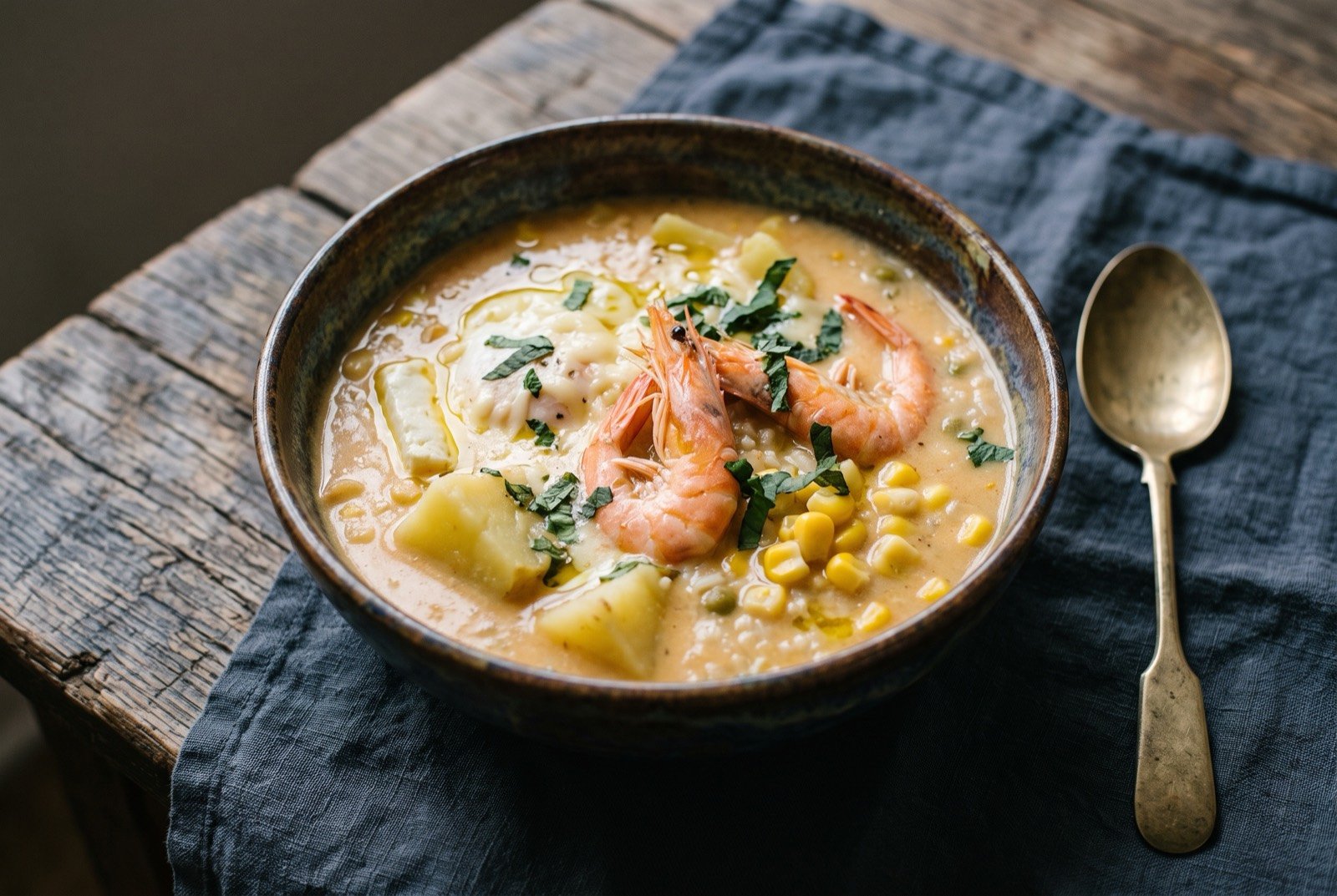 Chupe de camarones, river shrimp chowder: a deep bowl of pale orange chowder, whole pink river shrimp breaking the surface, chunks of potato and sweetcorn visible beneath a light film of melted cheese.