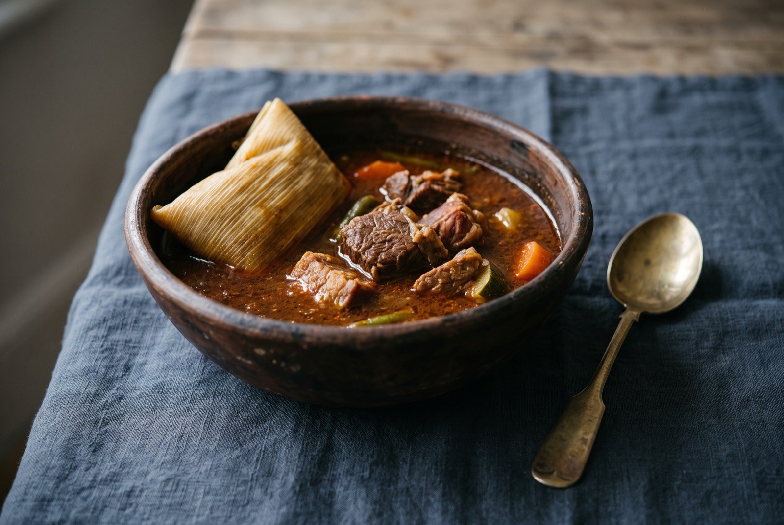 Churipo, a red chile broth of beef, pork and mutton with vegetables: a rustic clay bowl of dark reddish brown broth, chunks of beef and vegetables, carrot, courgette and green bean, visible beneath the surface.