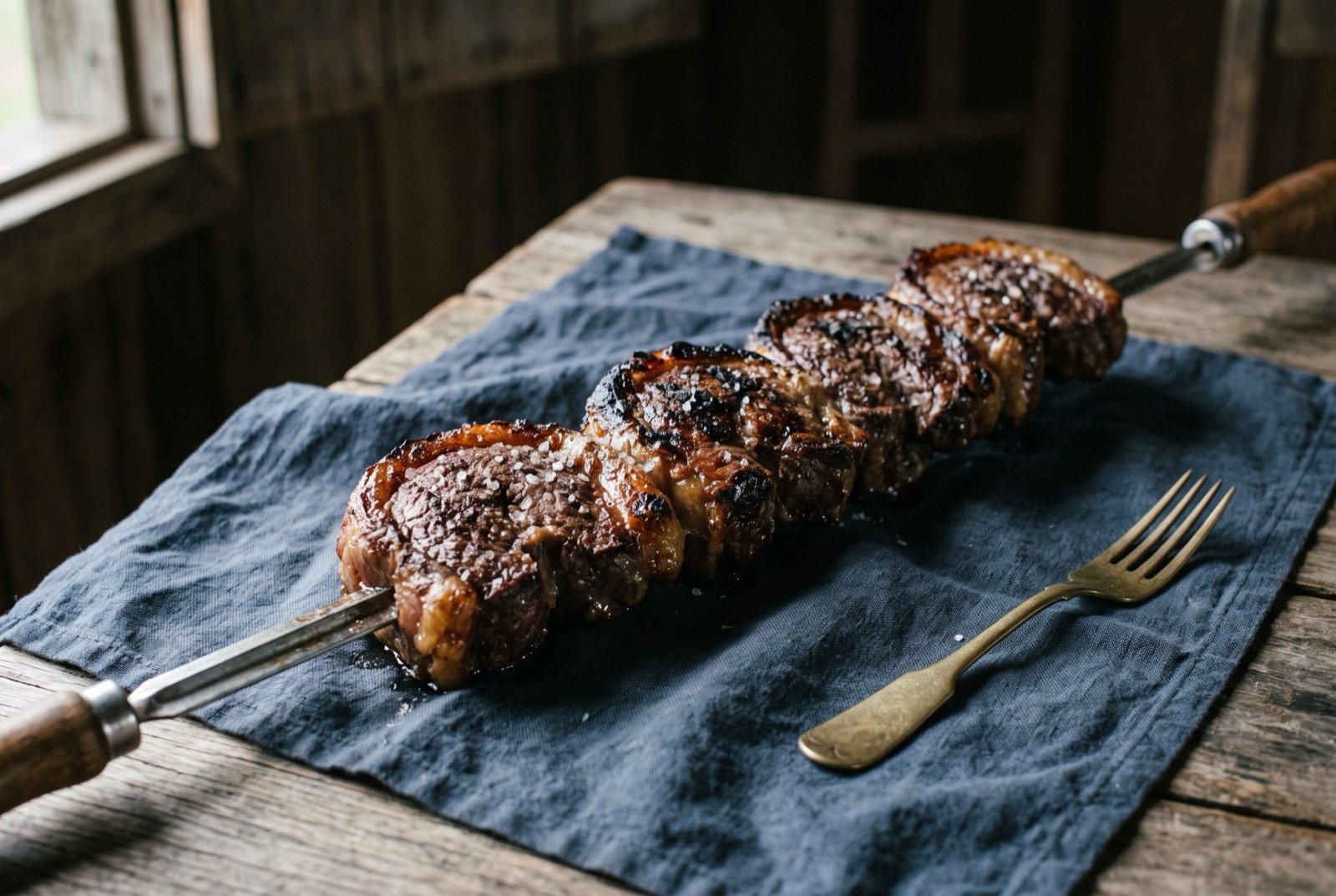Churrasco gaúcho, coarse salted beef over embers: thick charred pieces of beef threaded flat along a long metal skewer, deeply browned and blistered at the edges with visible crystals of coarse salt catching the light.