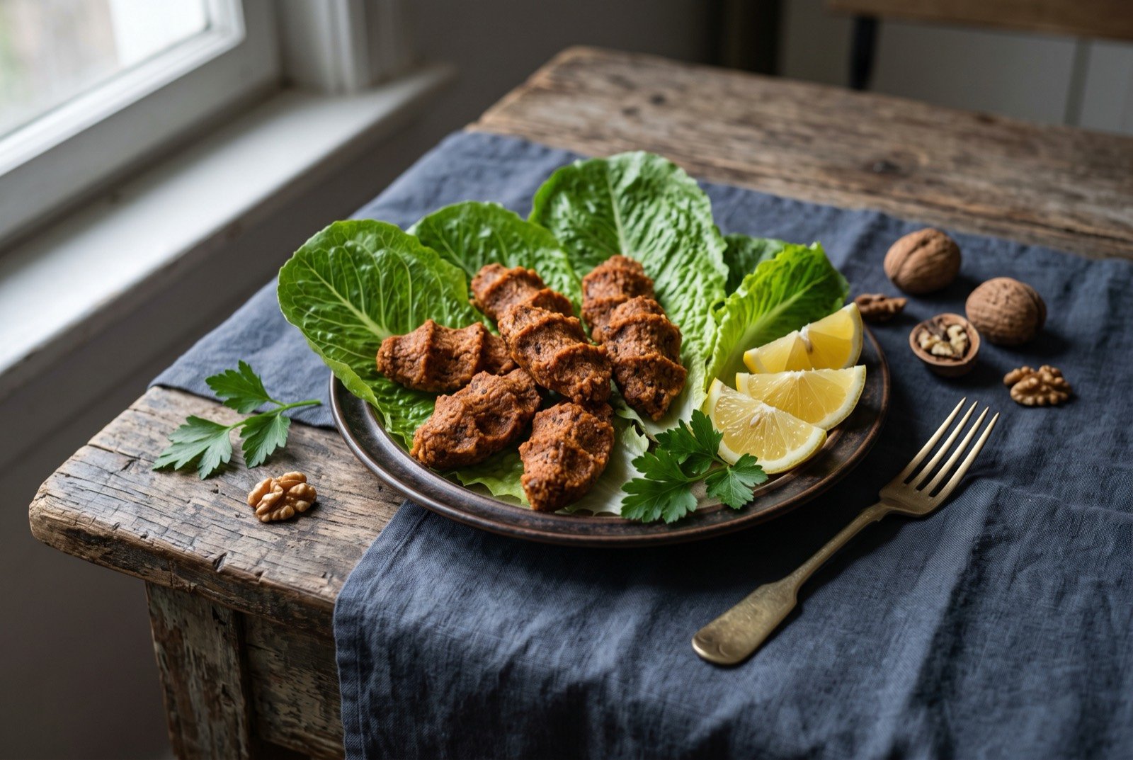Çiğ köfte, kneaded bulgur and walnut patties, meatless, served with lettuce and lemon: small oval reddish brown patties arranged on a bed of large lettuce leaves, a visible fine texture from the kneaded bulgur.