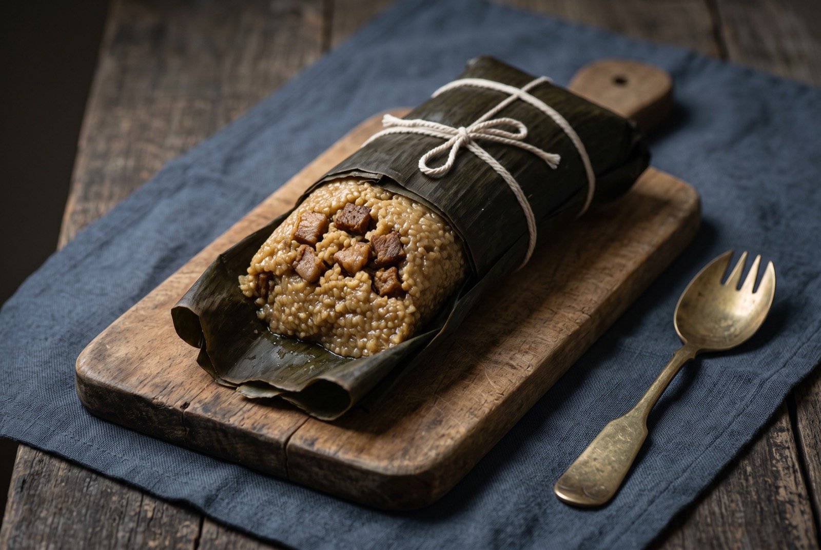 Cinavu, Paiwan millet and pork wrapped and steamed in leaf: a cylindrical parcel wrapped in dark green banana leaf, partially unwrapped to reveal a dense, sticky millet filling studded with diced pork.