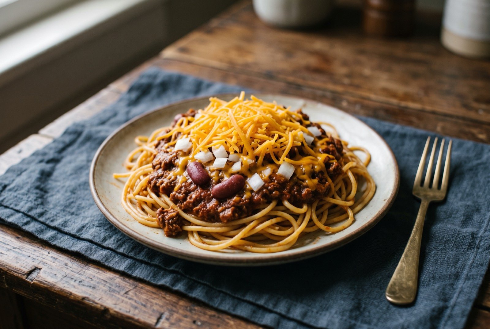 Cincinnati five-way chili: a mound of spaghetti coated in a thin, deep reddish brown spiced meat sauce, topped with a generous drift of finely shredded cheddar melting slightly into the heat.