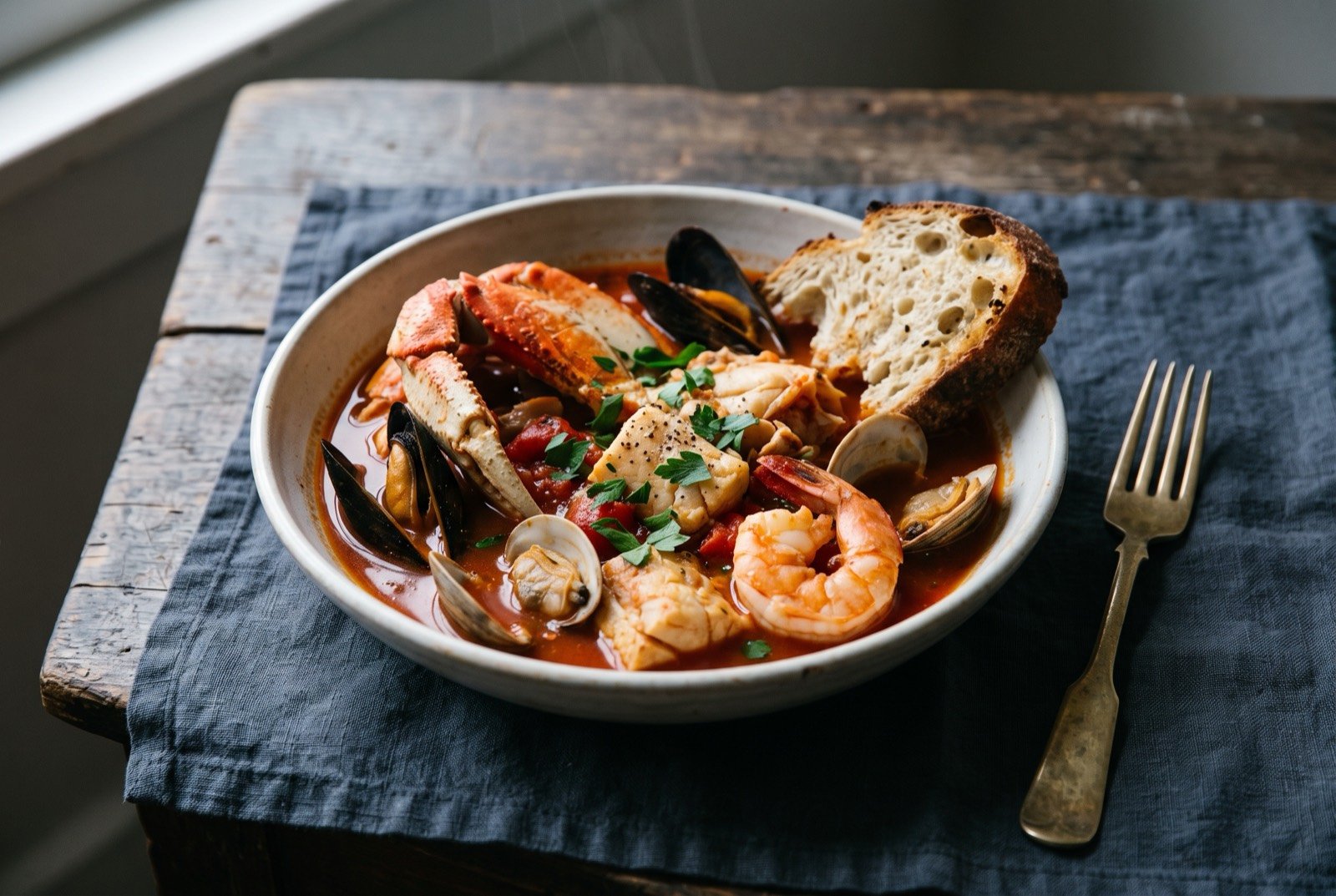 Cioppino, a San Francisco fisherman's stew: a wide, shallow bowl of deep red tomato and wine broth studded with a cracked Dungeness crab leg, black mussels and clams still in their shells.