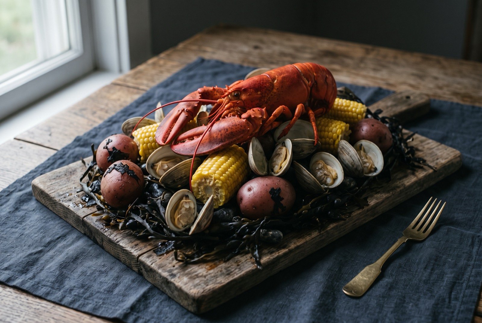 The clambake, appanaug, shellfish and vegetables steamed over hot stones: a mound of steamed clams, corn cobs and potatoes piled on a bed of blackened rockweed on a wooden board, a whole lobster resting on top.