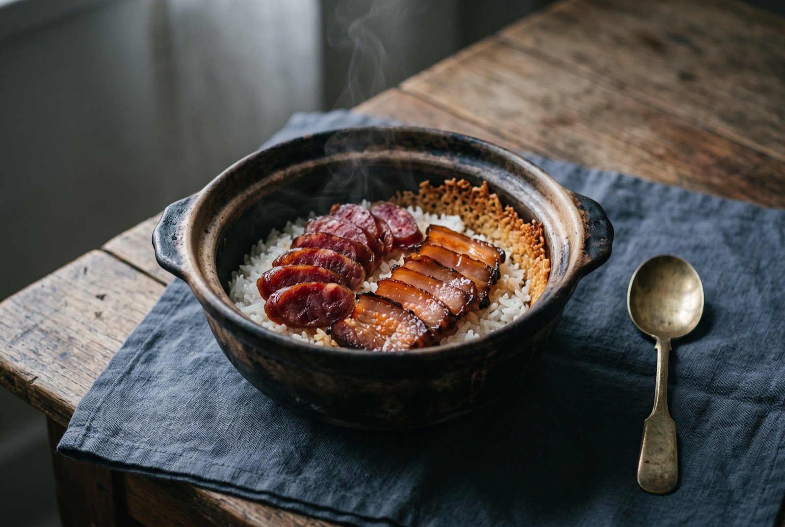 Bo zai fan, clay pot rice with cured sausage and a scorched crust: a small dark clay pot of glossy white rice topped with sliced cured sausage and cured pork, a visible scorched golden crust climbing the inside wall of the pot.