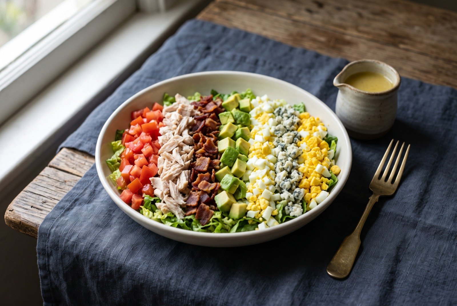 Cobb salad, the Brown Derby's composed plate: a wide shallow bowl of finely chopped lettuce, watercress and chicory arranged in neat rows of diced tomato, shredded poached chicken.