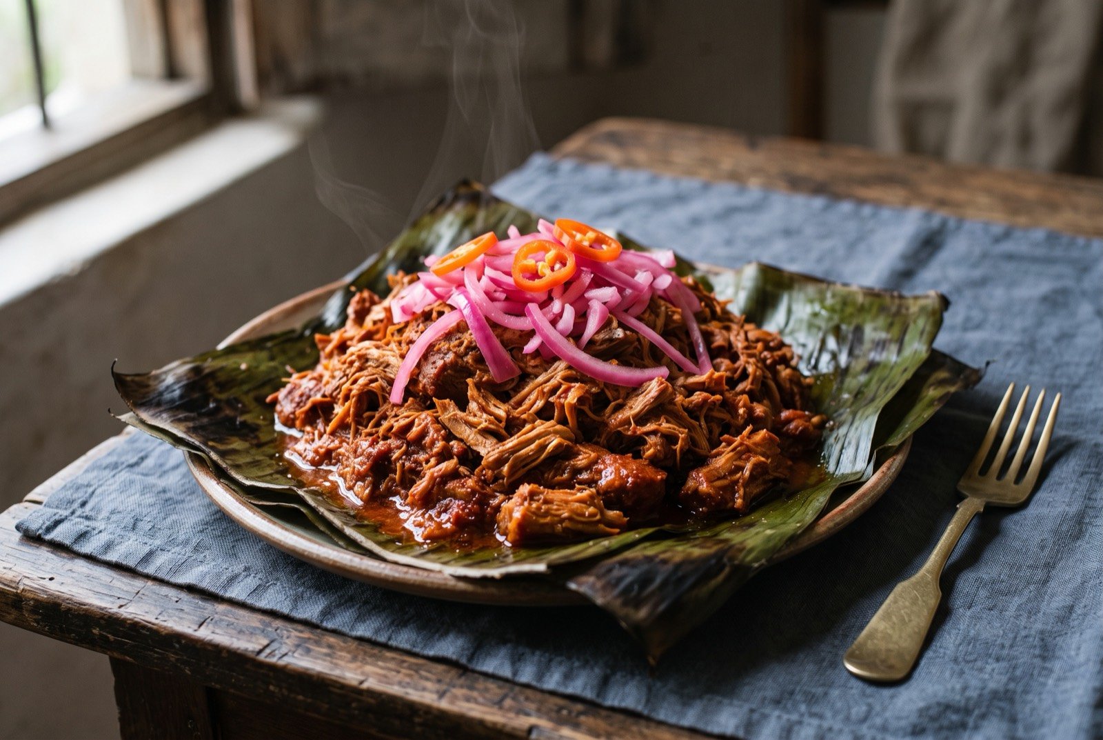 Cochinita pibil, achiote marinated pork shredded after slow pit cooking: a mound of deep brick red shredded pork glistening with rendered fat, piled on a partially unwrapped dark green banana leaf.