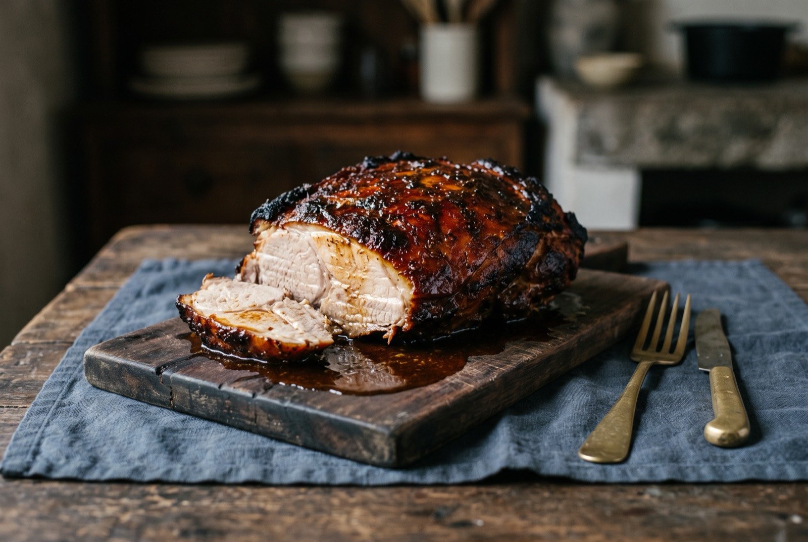 Cochito horneado, adobo marinated roast pork: a dark, deeply glazed piece of roast pork with a burnished reddish brown crust, one section carved away to reveal moist.