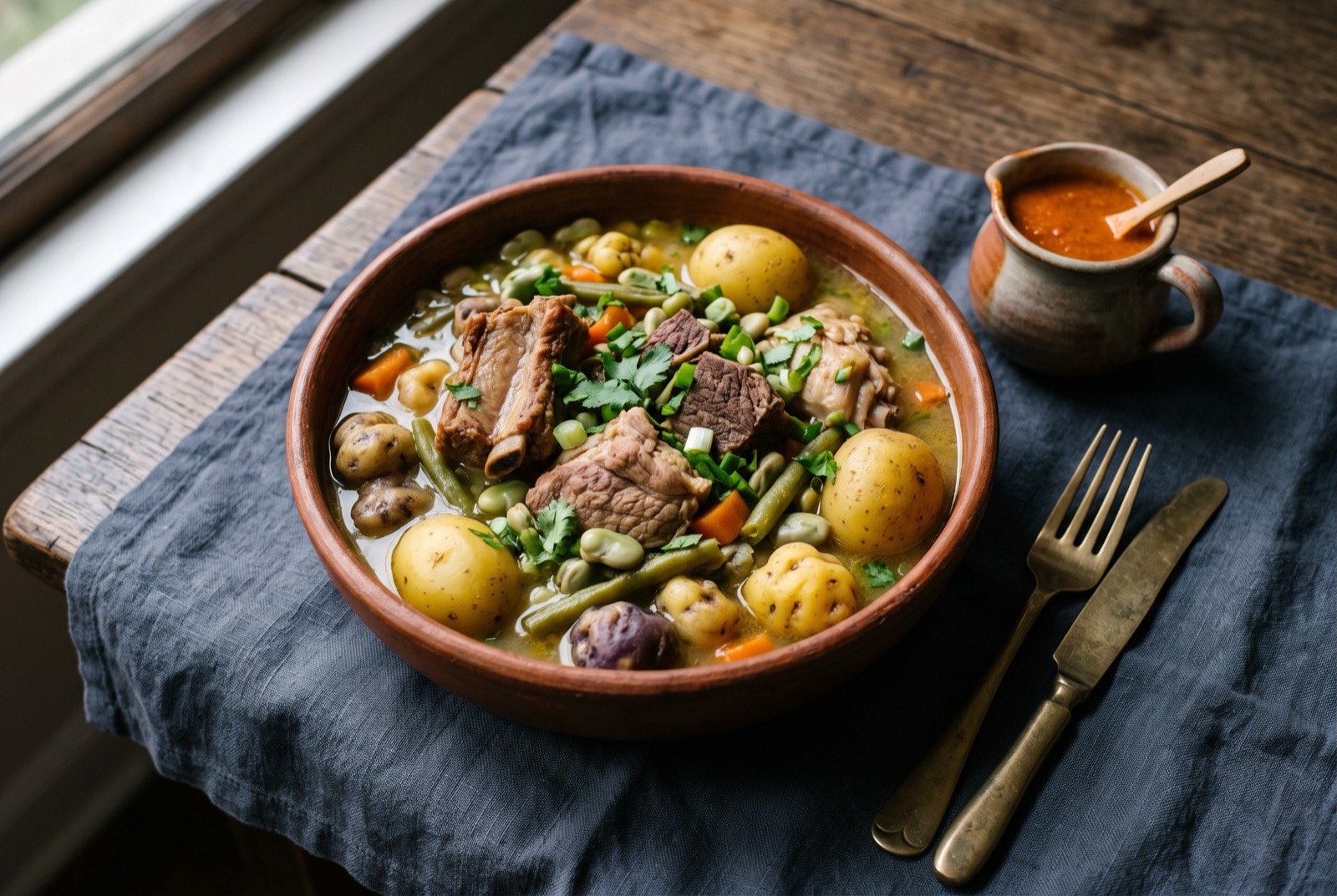 Cocido boyacense, a mixed meat stew with native Andean tubers: a deep earthenware bowl crowded with pork ribs, beef and chicken pieces, small whole potatoes and knobbly native tubers in muted purples and yellows.