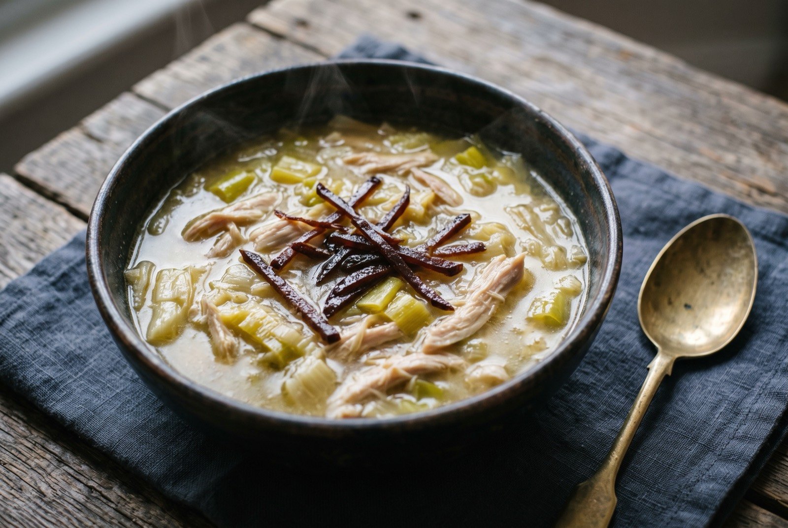 Cock-a-leekie soup, chicken, leek and prune broth: a deep bowl of pale golden broth thick with collapsed pale green leek, shreds of pale chicken meat submerged throughout.