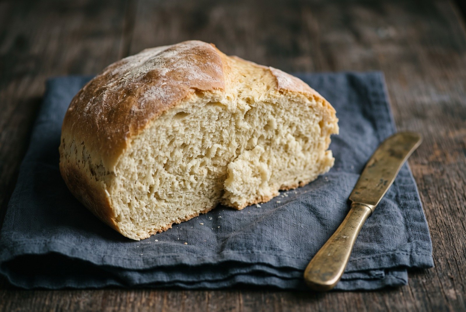 Coconut bread, a yeasted loaf enriched with coconut milk: a torn half loaf of pale golden yeasted bread with a close, slightly moist crumb, the torn edge showing an even texture.