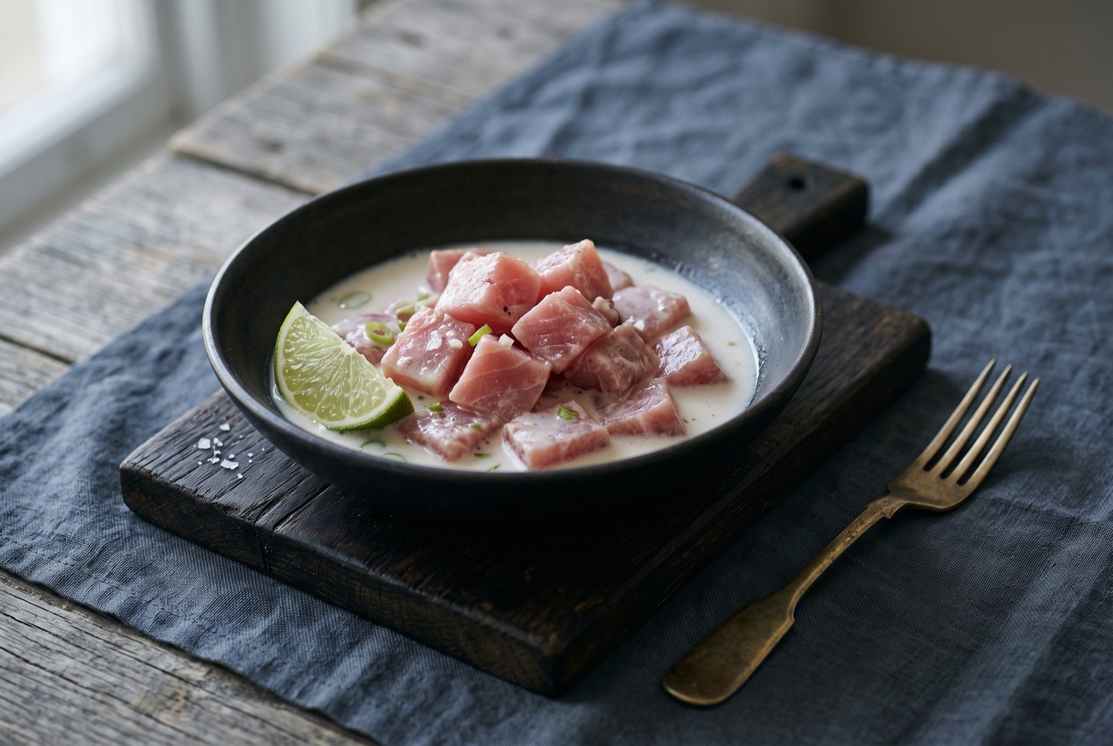 Coconut fish, Nauru's national dish: cubed raw tuna in a shallow pool of pale coconut milk in a plain dark bowl, a wedge of lime resting at the edge, on a dark wooden board.