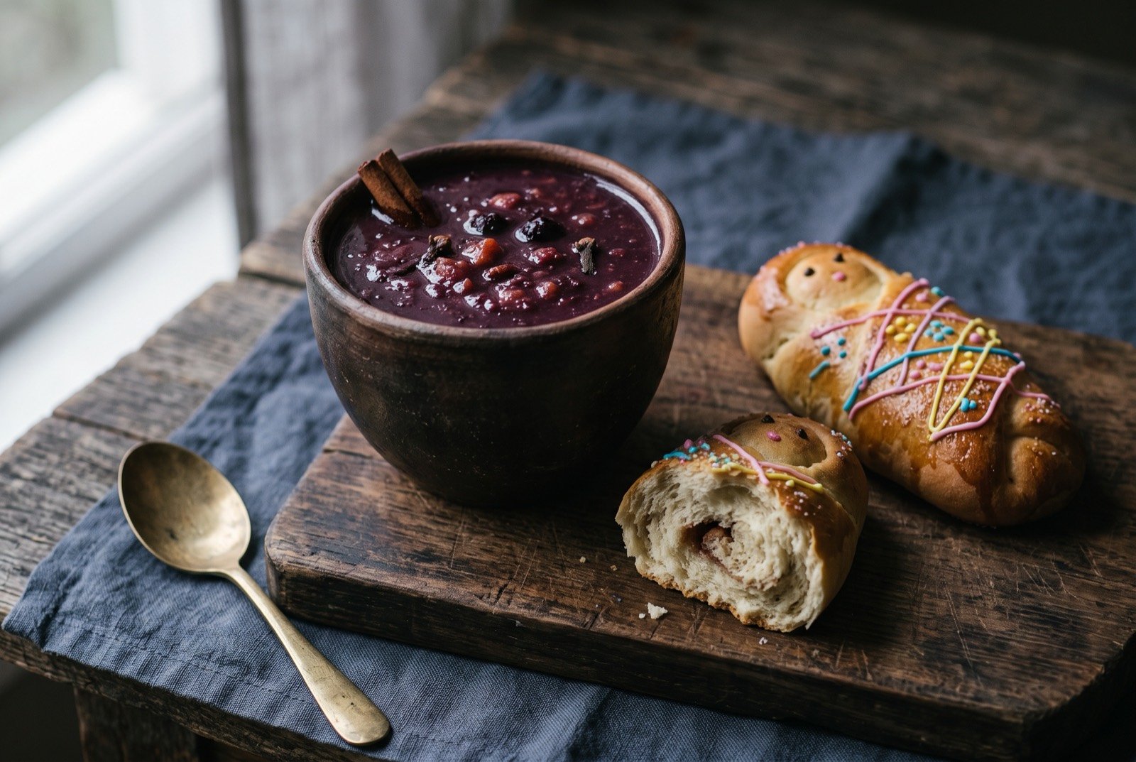 Colada morada and guaguas de pan, purple maize fruit drink with bread shaped like swaddled infants: a deep purple, thick fruit drink in a clay cup, small glazed bread rolls shaped like swaddled infants resting alongside on a wooden board.