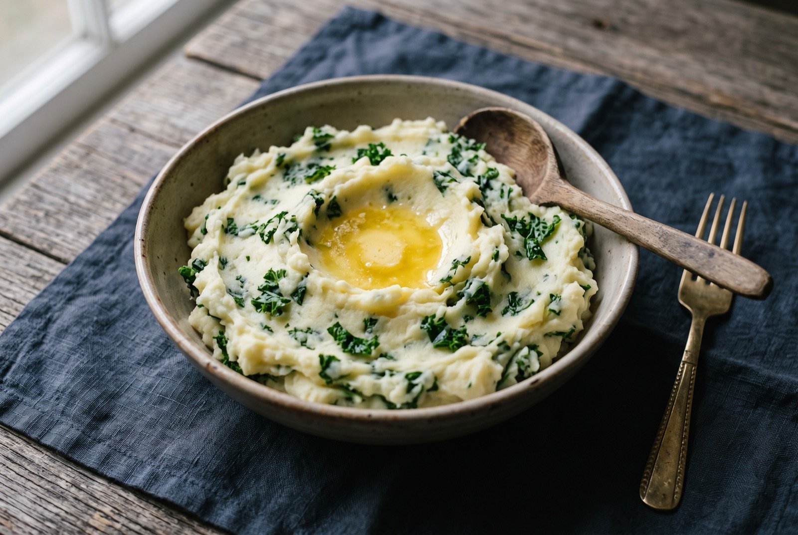 Colcannon, mashed potato with kale: a rustic bowl of pale creamy mashed potato flecked evenly with small dark green pieces of kale, a well pressed into the centre filled with a pool of melted golden butter.