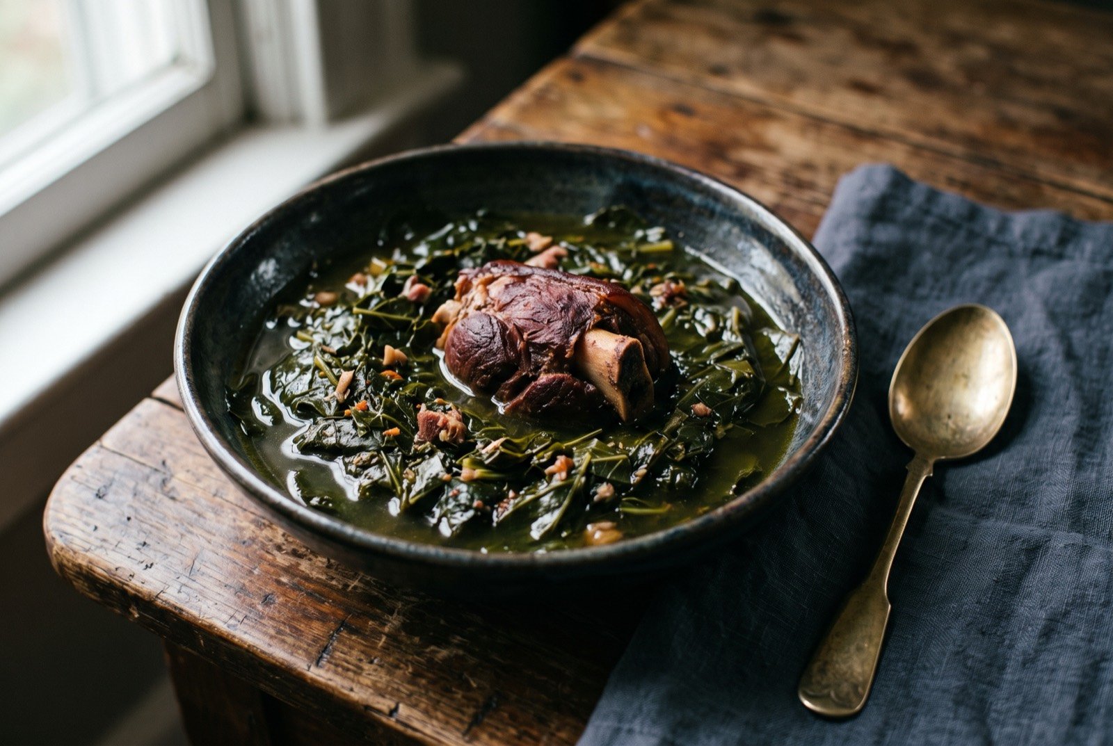 Collard greens with pork, and pot likker: a bowl of dark, tender collard greens in their own deep green pot likker broth, a piece of smoked ham hock resting half submerged at the centre.
