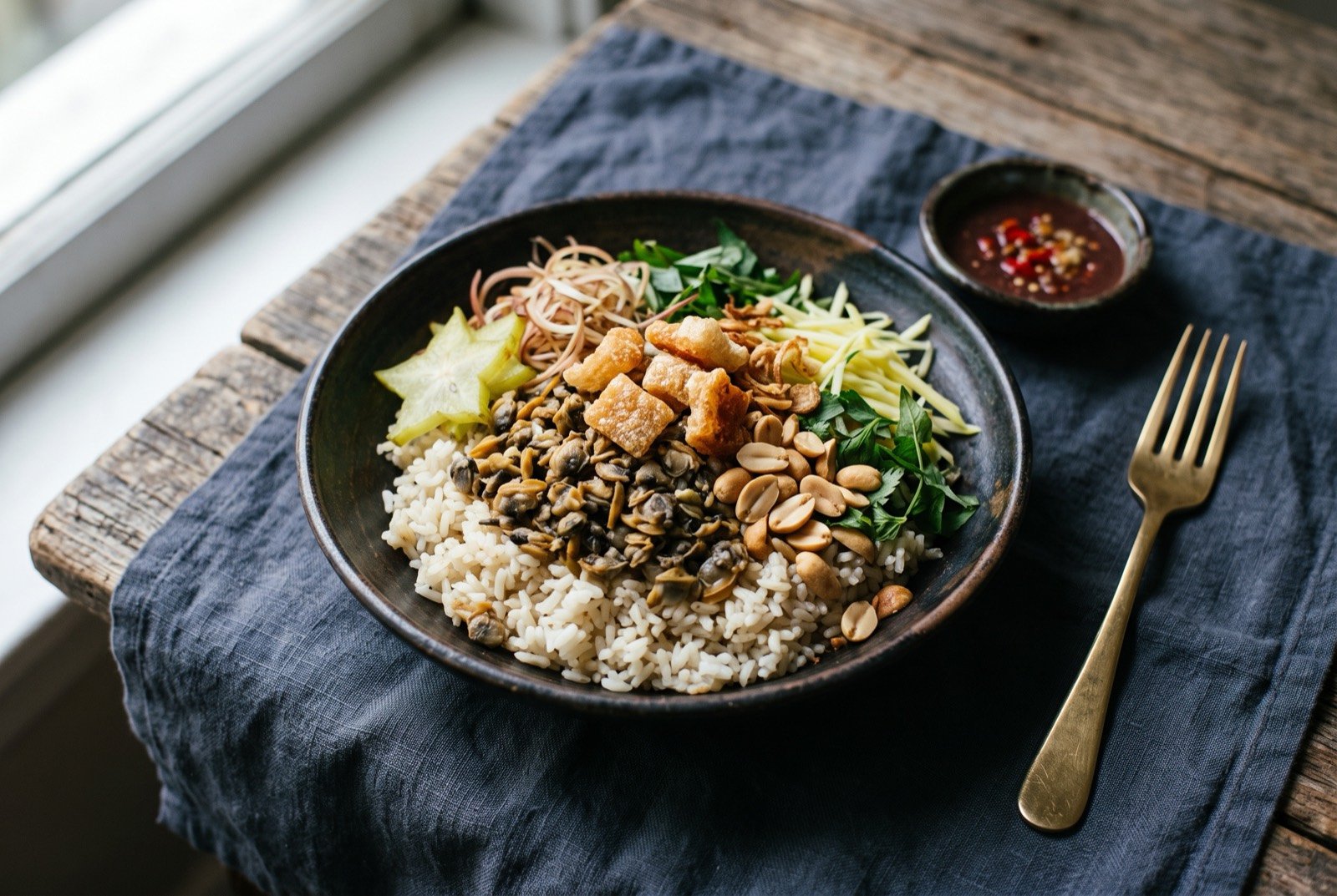 Cơm hến, cold rice topped with baby river clams, crisp pork skin and peanuts: a mound of pale cold white rice topped with small dark clam meat, crisp golden shards of pork skin, roasted peanuts, thin strips of star fruit and shredded banana blossom.