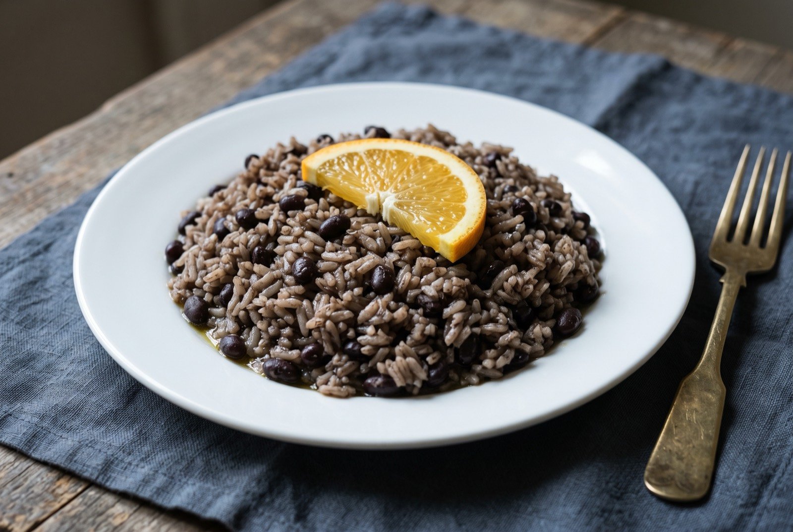 Congrí oriental, rice and black beans cooked together: a mound of bean-stained, greyish brown rice on a plain white plate, small black beans specked evenly throughout the grains.