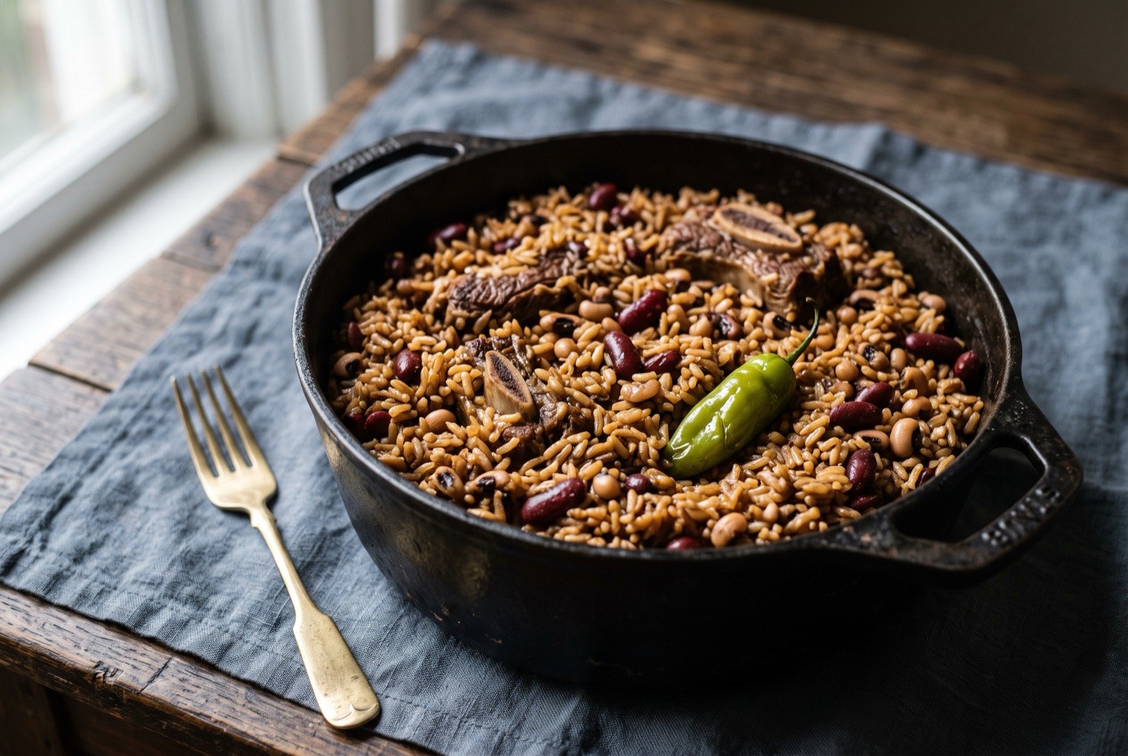 Cook-up rice, a one pot coconut rice with peas and beef: a wide black cast iron pot of burnished brown rice studded with dark red kidney beans and black eyed peas, a few pieces of short rib visible near the surface.