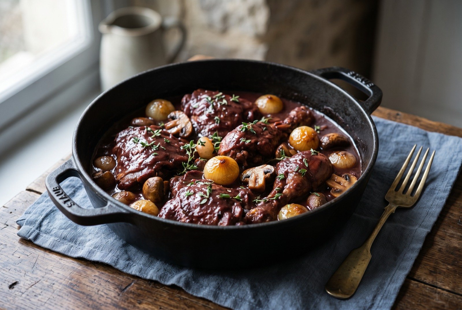 Coq au vin, chicken braised in red Burgundy with lardons, pearl onions and mushrooms: a rustic pot of chicken pieces coated in a deep, glossy red wine sauce, the skin still visible at the edges of a well browned thigh.