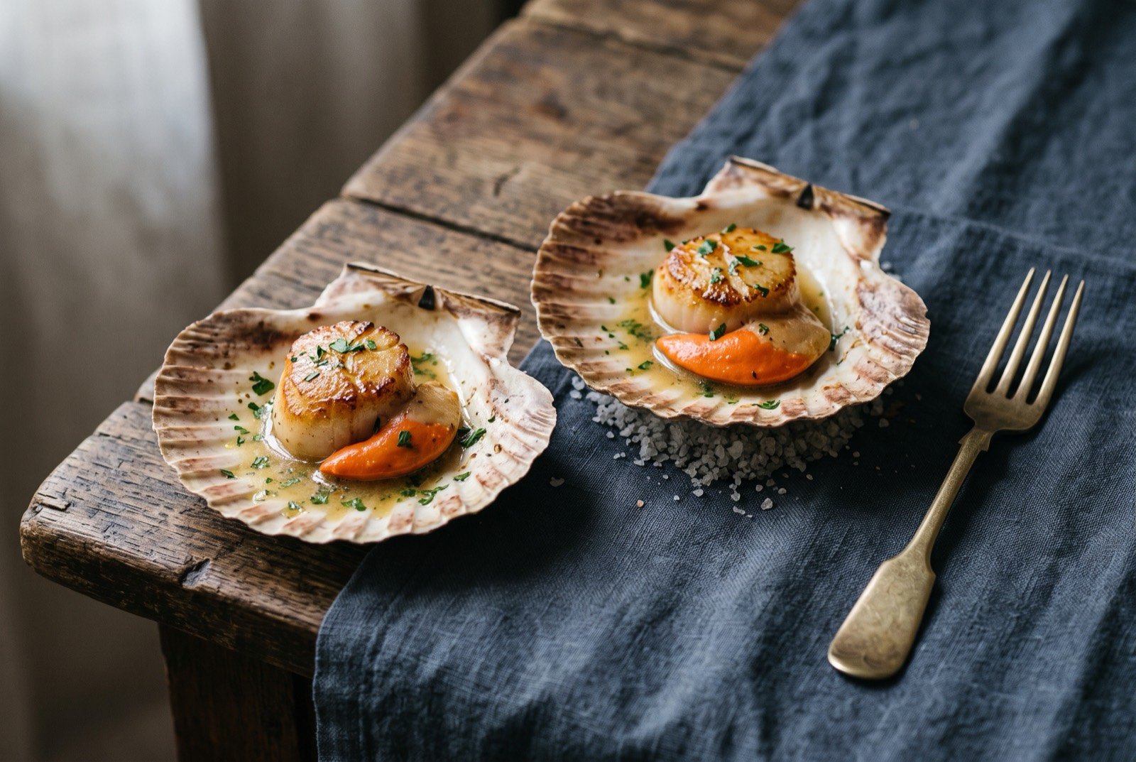 Coquilles Saint-Jacques a la bretonne, pan seared scallops in a cider and butter sauce: a small plate of pan seared scallops, their tops a deep golden brown and the sides pale ivory, a light scatter of chopped parsley and a thin glossy butter and cider sauce pooling around them.