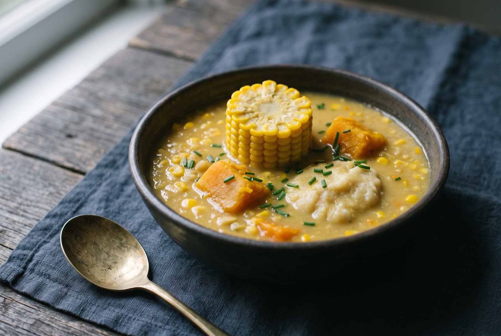 Corn soup, split pea and corn Carnival street soup: a deep bowl of thick, pale yellow soup with a whole corn cob disc standing upright at the centre, chunks of orange pumpkin and a pale doughy dumpling breaking the surface.
