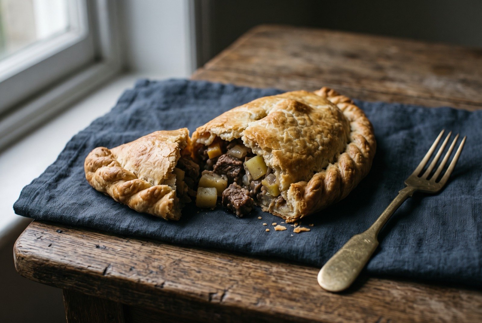 Cornish pasty, D-shaped crimped hand pie: a single golden brown D-shaped pasty with a thick, twisted crimp running along one curved edge, resting on its side, one end broken open to show chunks of beef.