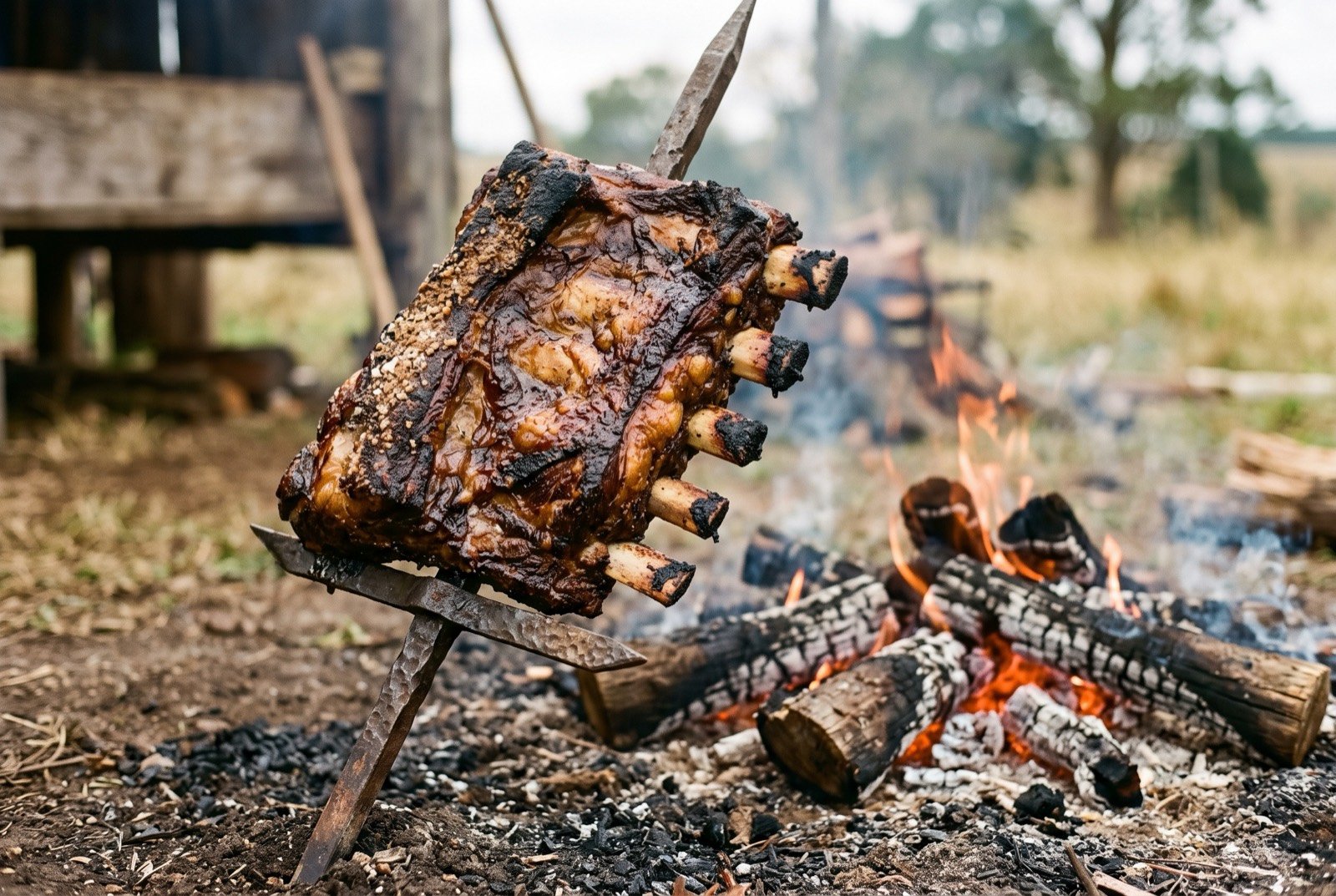 Costela no fogo de chão: a whole rack of beef ribs, deeply bronzed and glistening, mounted on an iron stake at an angle, bone ends exposed and dark from the fire.