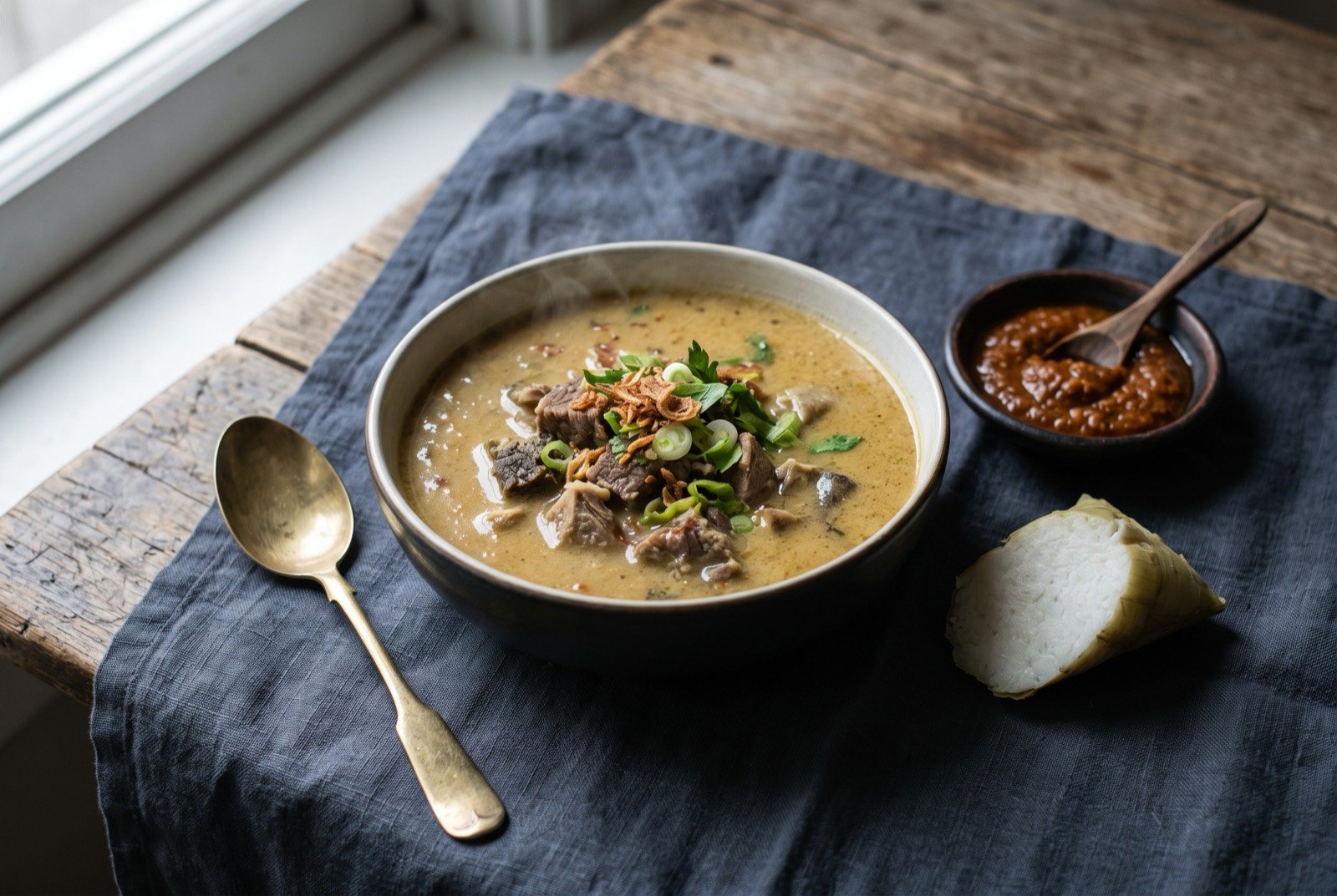 Coto Makassar, beef and offal soup thickened with peanut and rice water: a deep bowl of thick, pale golden brown soup, cubes of beef and offal visible just beneath the surface, a small dish of dark reddish tauco chilli sambal resting alongside.