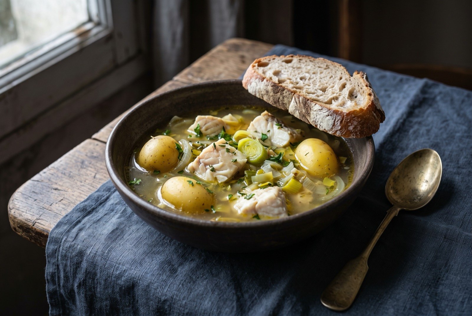 Cotriade, a Breton fisherman's mixed fish and potato broth: a wide shallow bowl of pale golden fish broth with chunks of white fish and firm potato pieces settled beneath the surface.