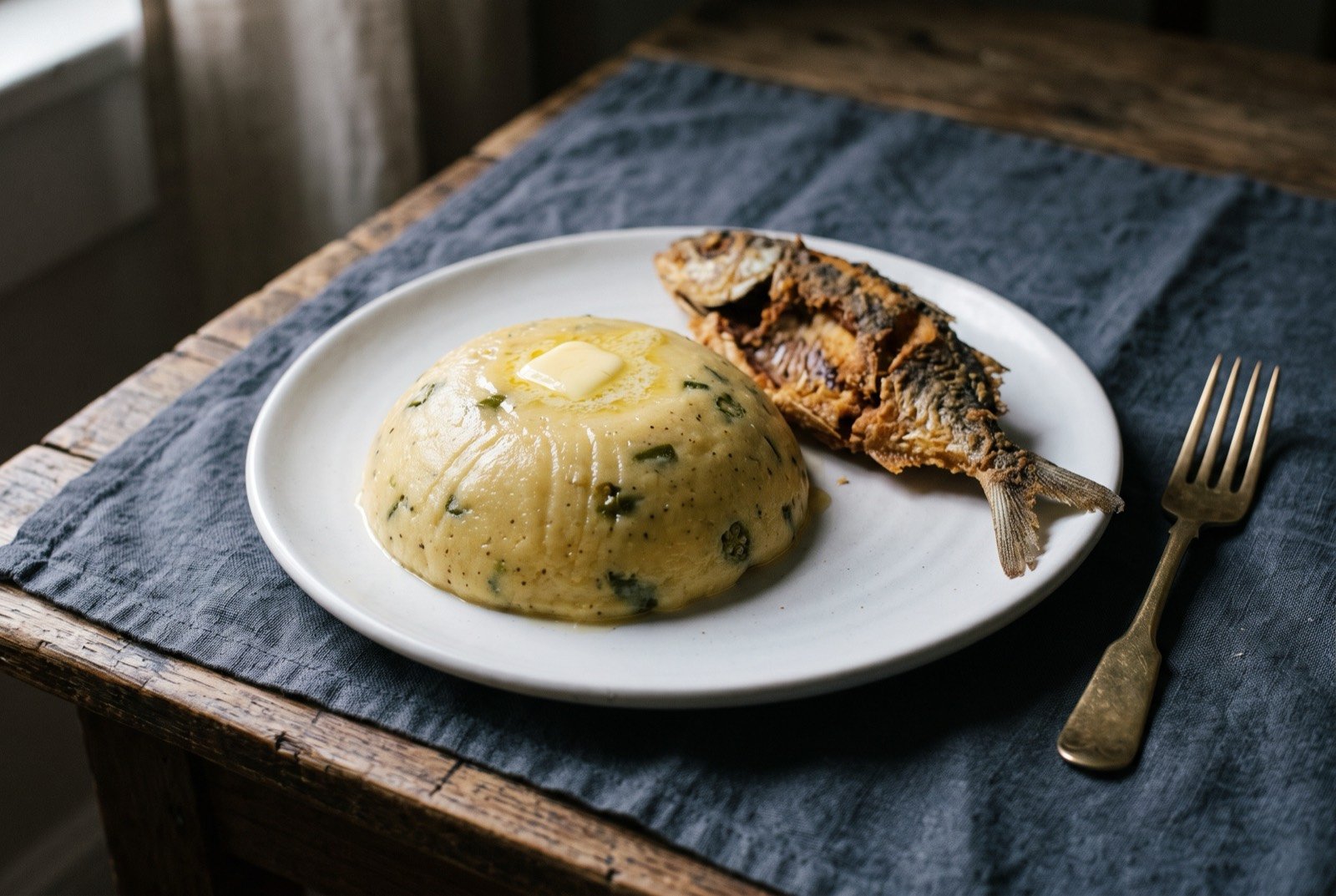 Cou-cou and flying fish, a stirred cornmeal and okra mash with fried fish: a pale golden dome of smooth cornmeal mash sitting in the centre of a white plate, its surface glossy and faintly ridged from stirring.