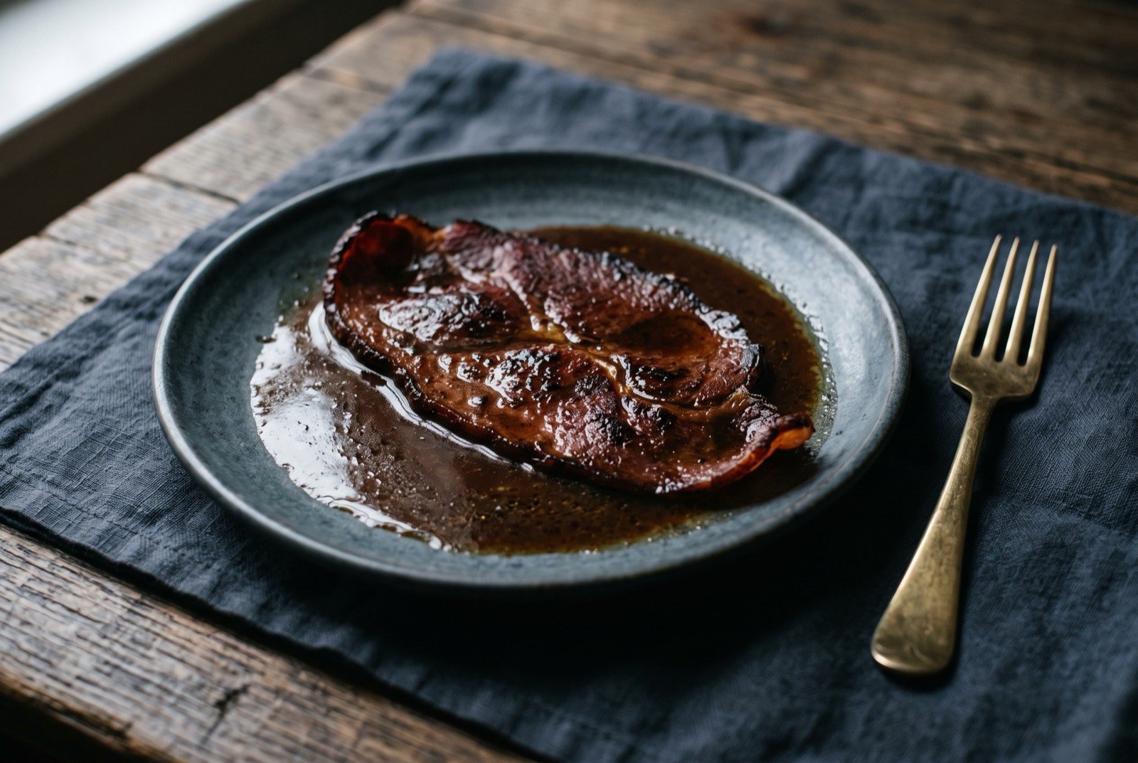 Country ham with red-eye gravy, salt-cured ham pan-fried with a coffee pan sauce: a thin, deep mahogany slice of country ham on a plate, its edges slightly curled and crisped, a thin dark reddish-brown coffee gravy pooled around it.
