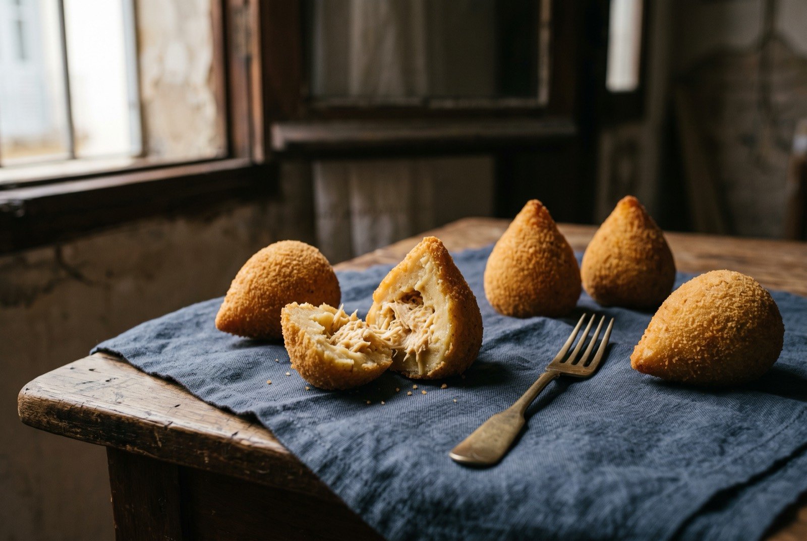 Coxinha, the teardrop chicken croquette: several golden brown teardrop-shaped fried croquettes with a deep matte breaded crust, one broken open to reveal pale shredded chicken filling bound in a smooth cream coloured paste.
