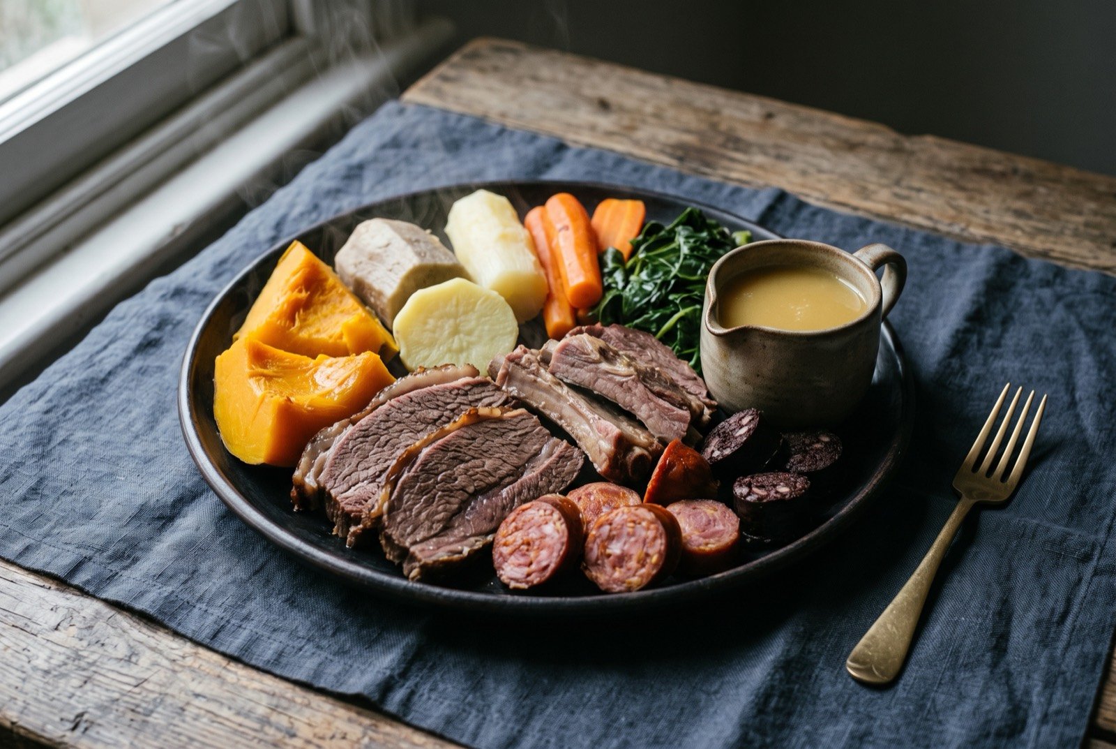 Cozido carioca, Rio's mixed boiled dinner: a wide dark platter of sliced boiled meats and sausage arranged beside bright orange pumpkin, pale yam, pieces of cassava.