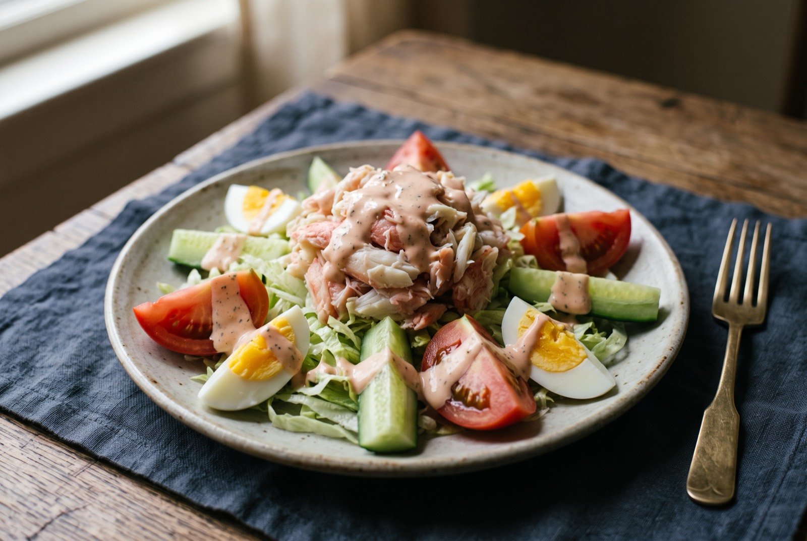 Crab Louis: a bed of shredded pale lettuce topped with a generous mound of pale pink and white Dungeness crab meat, quartered tomato and hard boiled egg arranged around the edge.