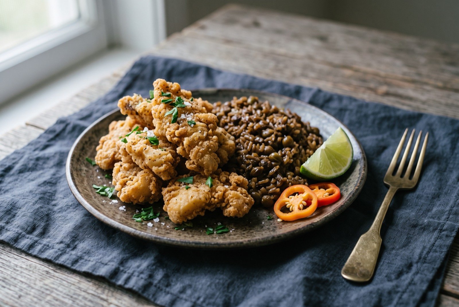 Cracked conch, tenderised and fried conch with peas and rice: golden brown, crisp battered pieces of conch stacked on a plate beside a mound of dark, glossy pigeon pea rice, a wedge of lime and a few slices of scotch bonnet on the side.