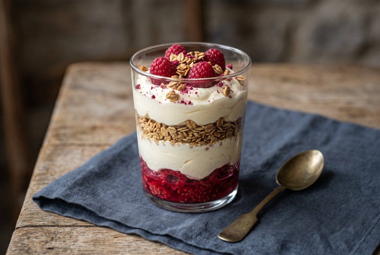Cranachan, toasted oats, whisky cream and raspberries: a tall clear glass layered from the base up with crushed ruby red raspberries, thick softly whipped pale cream, and a band of deep golden toasted oatmeal.