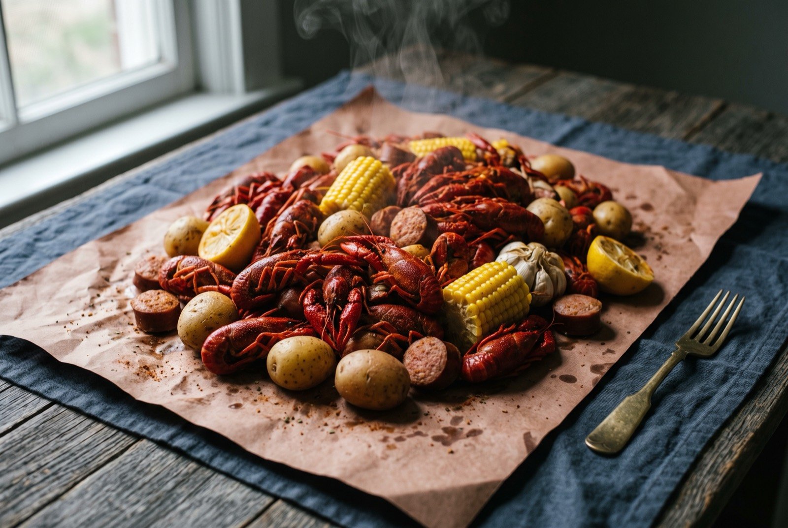 The crawfish boil: a pile of bright red boiled crawfish tumbled with small new potatoes, halved corn cobs and rounds of smoked sausage, spread across brown butcher paper.