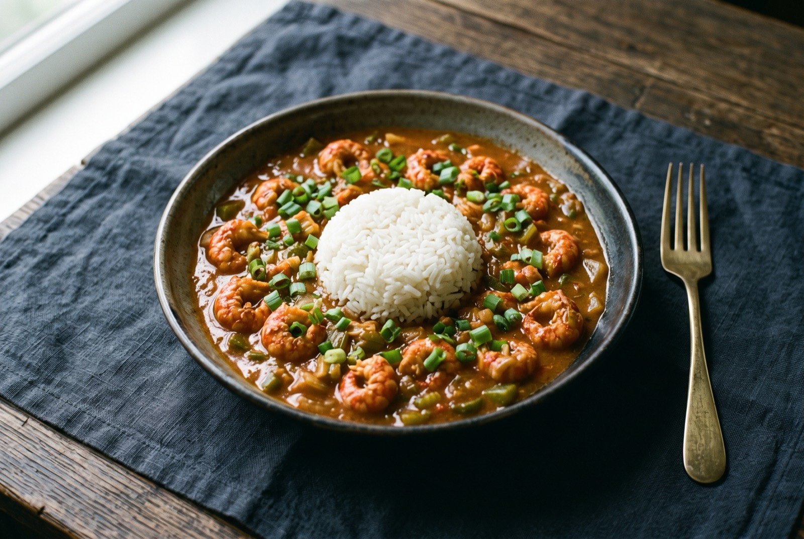 Crawfish étouffée: a shallow bowl of thick, deep orange red crawfish étouffée, whole crawfish tails glistening in the sauce, a small mound of white rice at the centre.