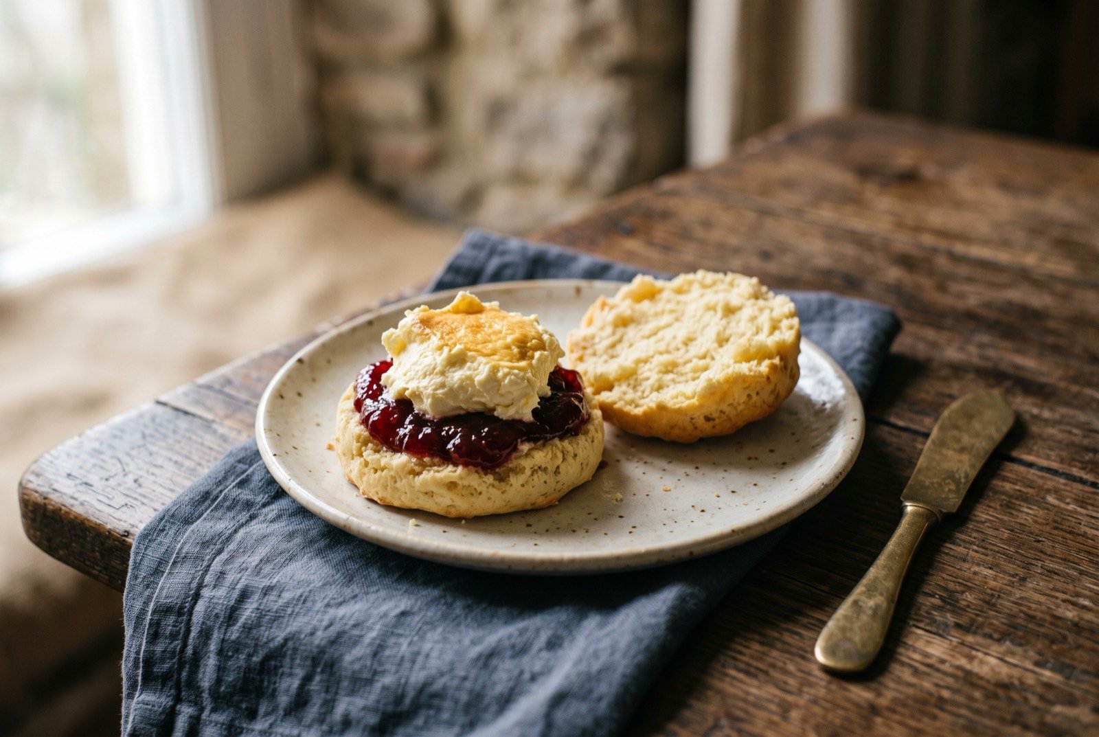 Cornish cream tea, scone with jam and clotted cream: a single split, pale golden scone on a plate, one half spread thickly with dark red strawberry jam and topped with a generous dollop of thick.