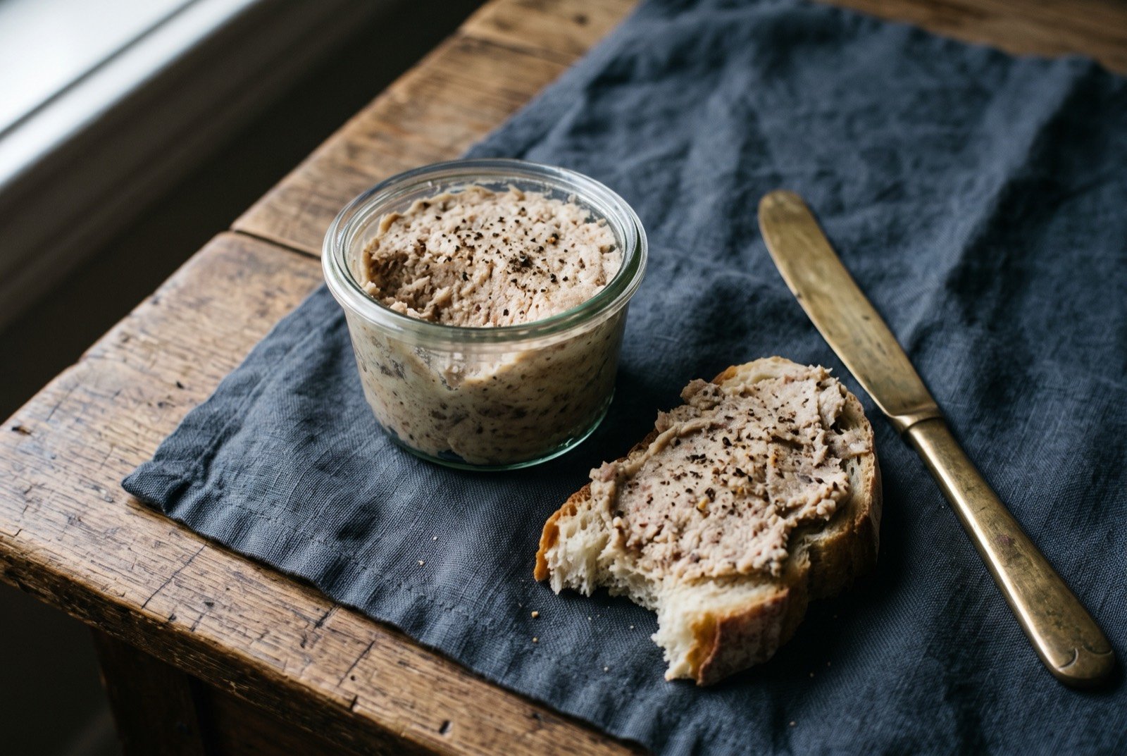 Cretons, a spiced potted pork pâté: a small glass jar of pale, dense, coarsely textured pork pâté, its surface slightly domed and studded with visible flecks of black pepper and spice.