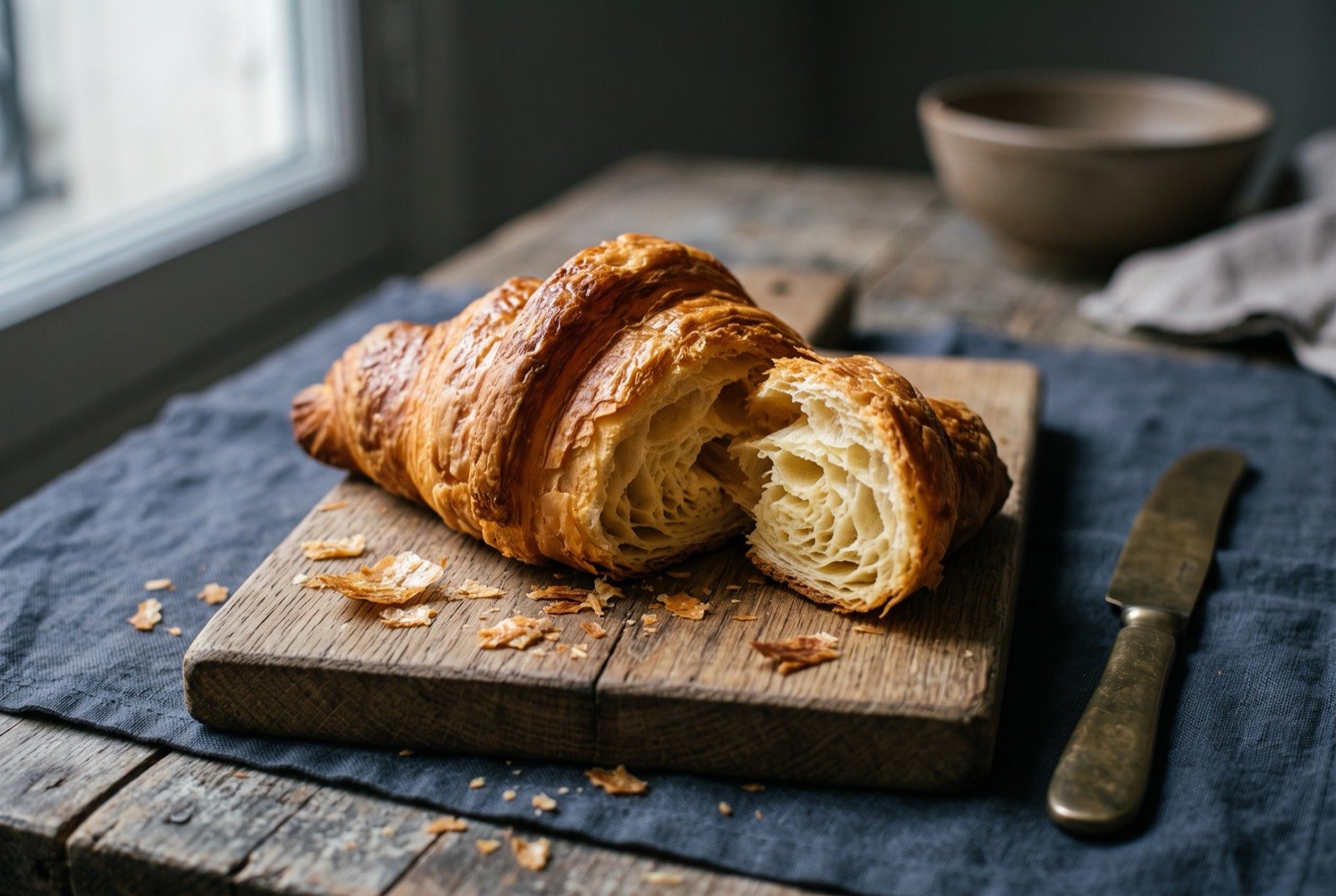 Croissant, a laminated butter pastry with a shattering crust and honeycombed interior: a deeply golden brown croissant with a glossy, blistered, crescent shaped crust, one end torn open to reveal a dense honeycomb of thin.