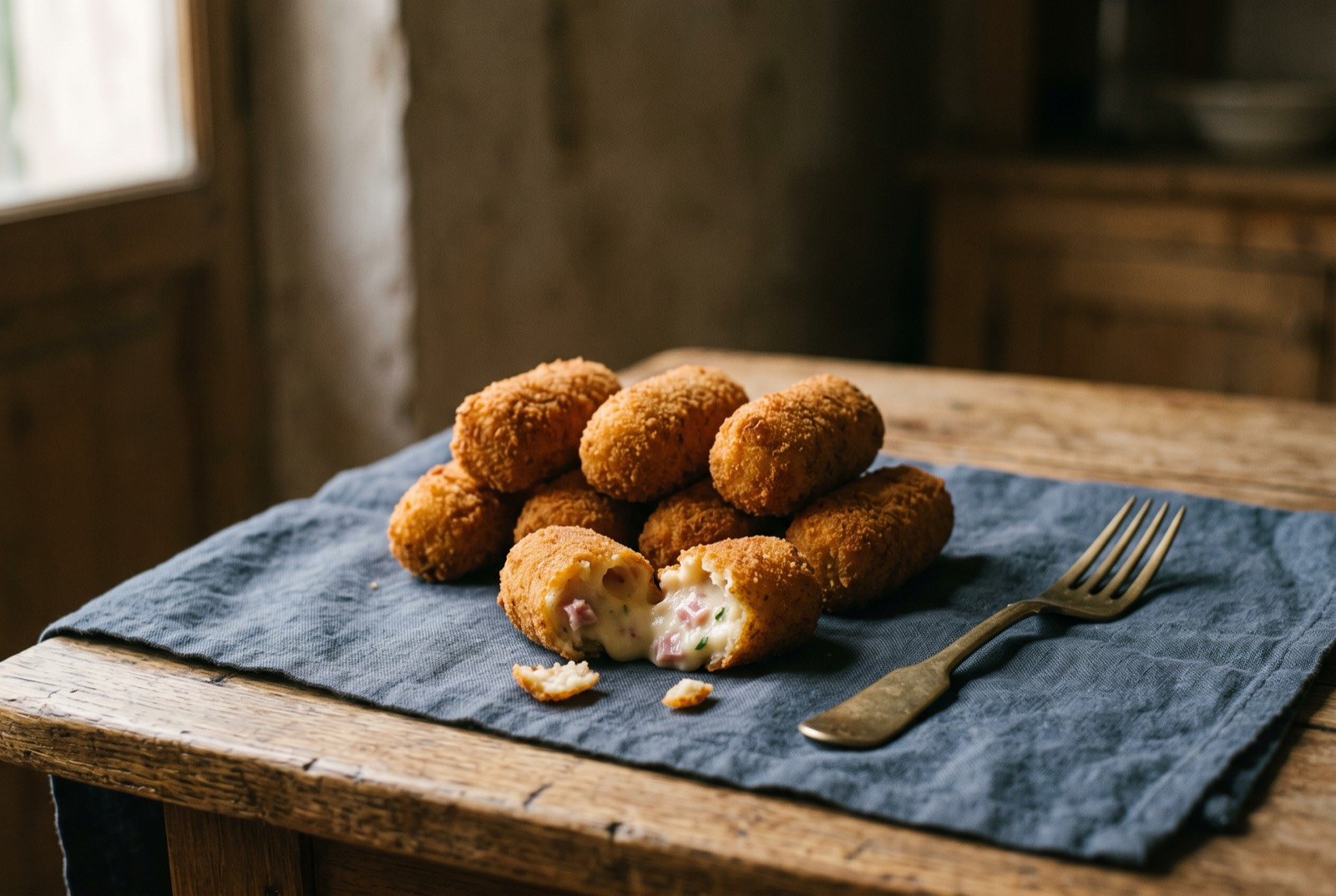 Croquetas de jamón, fried ham and béchamel croquettes: a small pile of golden brown breaded cylindrical croquettes with a crisp, evenly fried crust, one broken open to show a smooth.