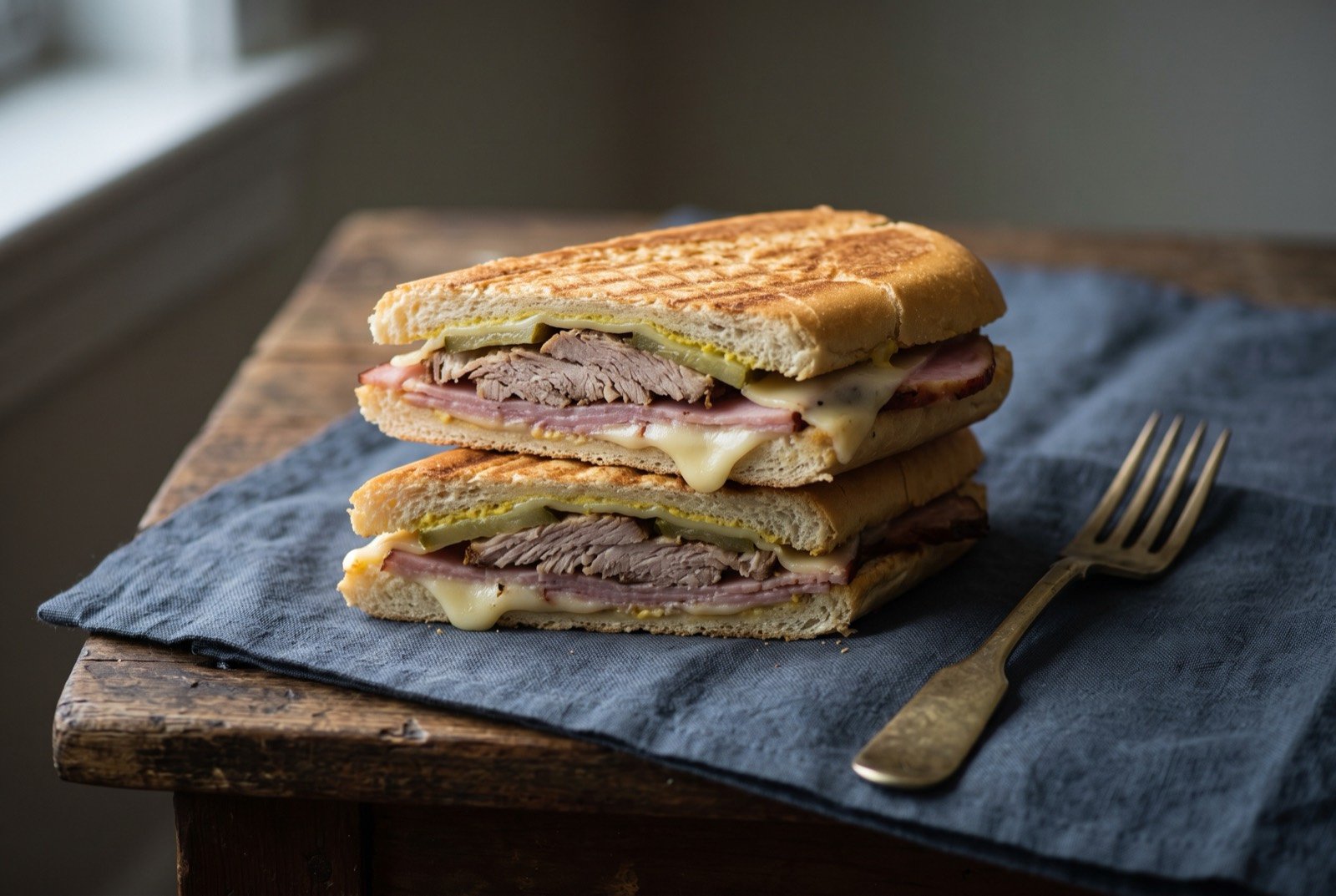 The Cuban sandwich, pressed pork, ham, cheese and pickle: a pressed sandwich cut diagonally in half and stacked, faint crosshatched grill marks on the golden toasted bread, visible layers of pale roast pork.