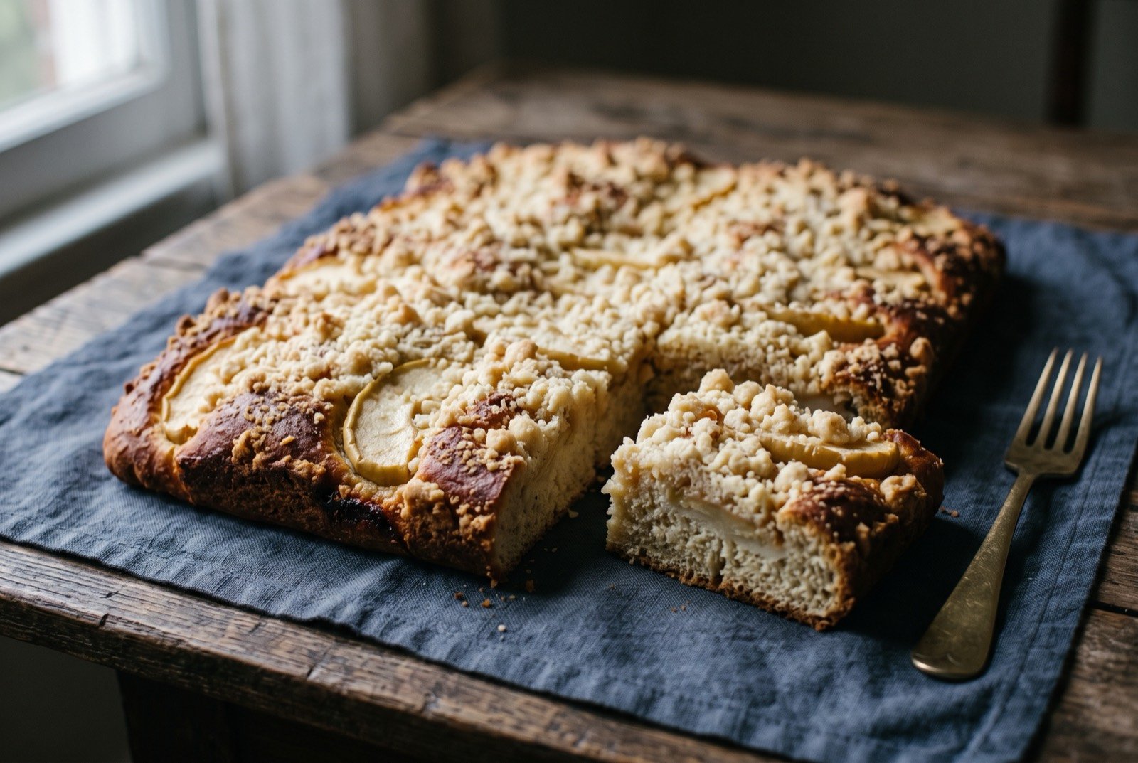 Cuca, German colonial crumb bread: a low, flat golden bread with one corner cut away, thick pale slices of apple pressed into the surface beneath a heavy scattering of coarse pale streusel crumb.
