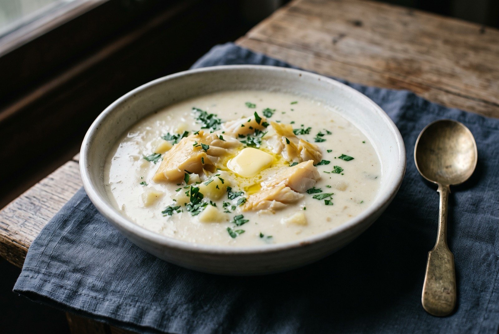 Cullen skink, smoked haddock, potato and milk soup: a wide shallow bowl of pale creamy soup, thick enough to hold its own shape, large flakes of pale gold smoked haddock breaking the surface.